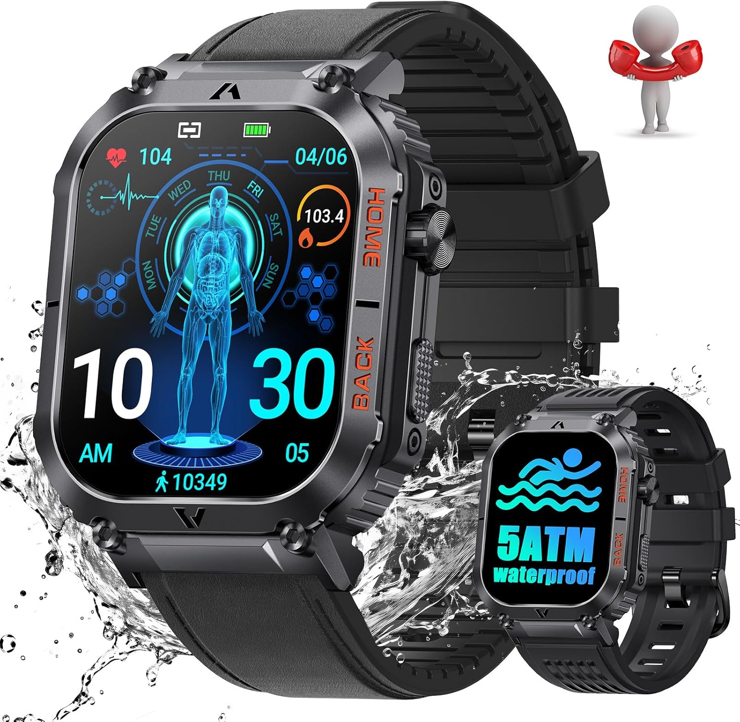 Military Smart Watch for Men with Call Compass 2.02" Big Screen Rugged Outdoor Tactical Smartwatch 5ATM Waterproof Fitness Watch with Heart Rate Blood Pressure Monitor for iPhone Android Phone - Image 2