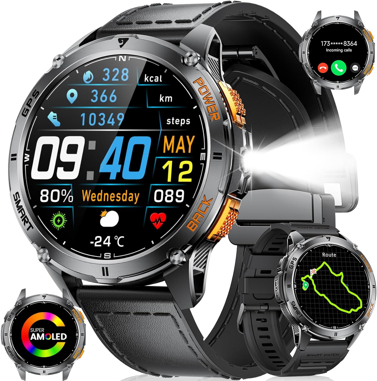 LIGE GPS Smart Watch for Men, Compass/LED Flashlight/6 Satellite Positioning/1.43" AMOLED Smartwatch, 100+ Sports Mode Fitness Tracker Watch for Android iOS, IP68 Waterproof Watch for Swimming - Image 2