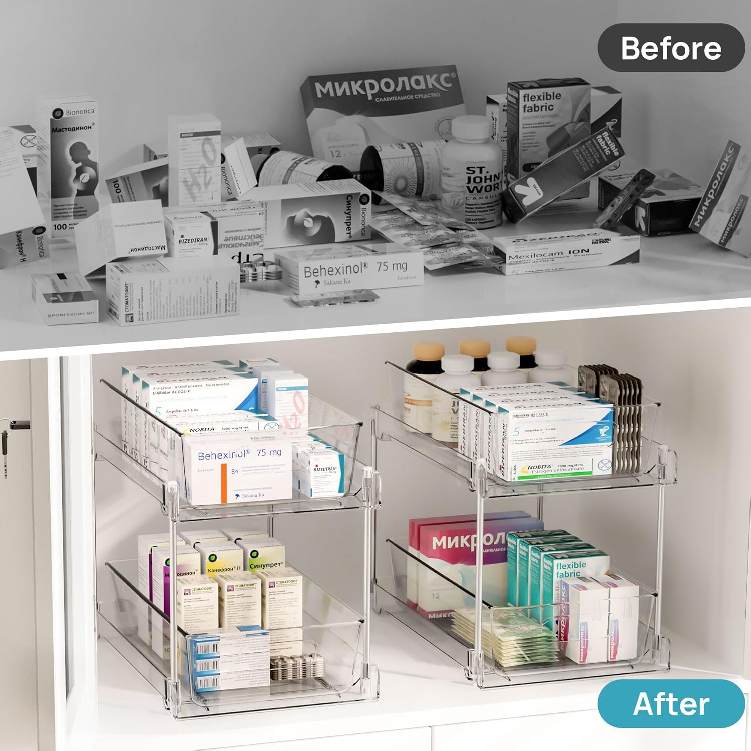 Vtopmart 4 Pack Bathroom Organizer, 2 Tier Clear Under Sink Organizers Vanity Countertop Storage Container,Cabinet Drawers Bins, Pull-Out Organization with Track for Pantry, Kitchen - Image 8