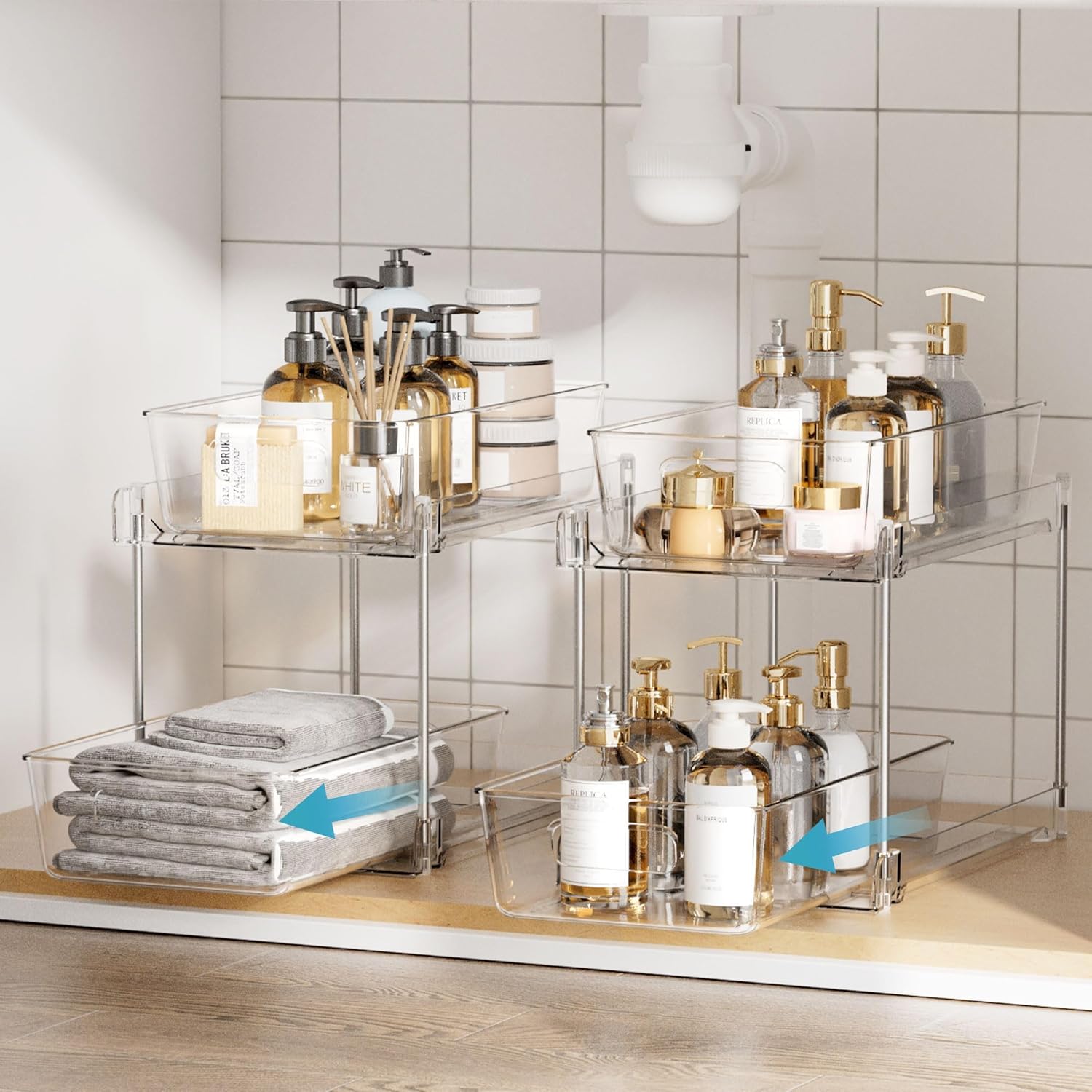 Vtopmart 4 Pack Bathroom Organizer, 2 Tier Clear Under Sink Organizers Vanity Countertop Storage Container,Cabinet Drawers Bins, Pull-Out Organization with Track for Pantry, Kitchen - Image 5