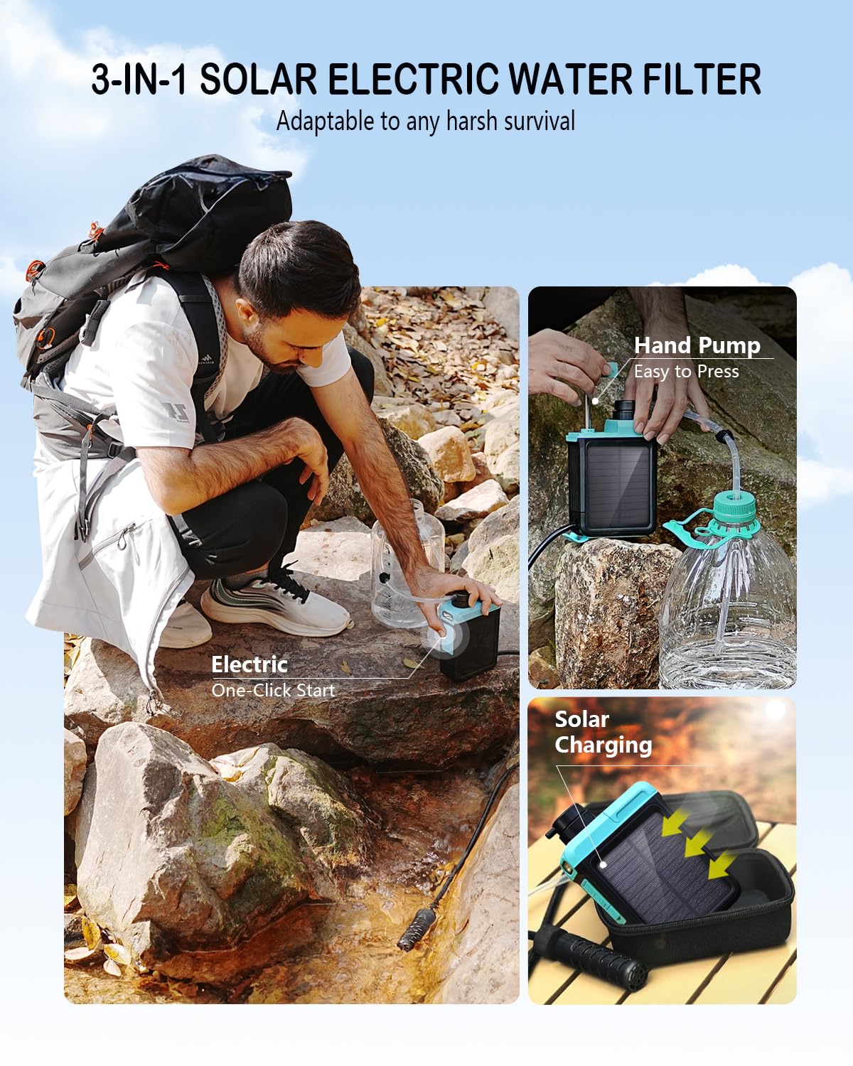 3-in-1 Solar Electric Water Filter with Hand Pump - Camping Water Filtration System Survival, Portable Water Purifier with Emergency Light, Survival Kit for Hiking Travel Backpacking Hunting - Image 3