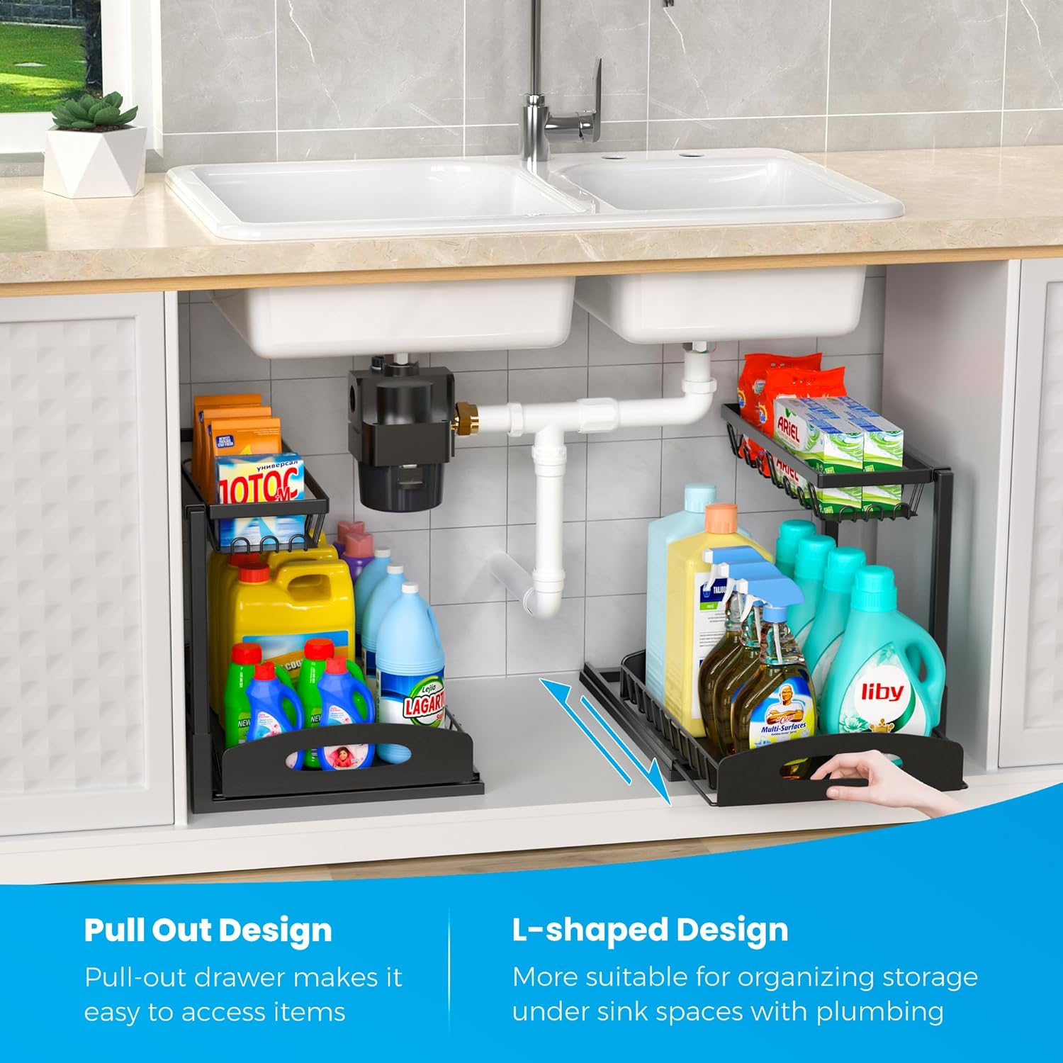 Under Sink Organizer, 2 Pack L-Shaped Bathroom Kitchen Organizers and Storage, Pull Out Sink Cabinet Drawer Shelf Pantry Organizer and Storage, Black - Image 3