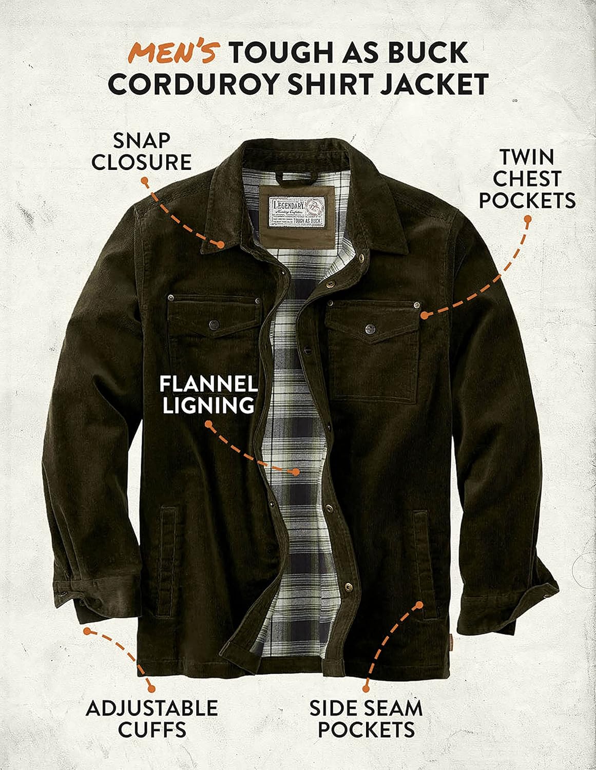 Legendary Whitetails Men's Tough as Buck Flannel Lined Corduroy Shirt Jacket - Image 5