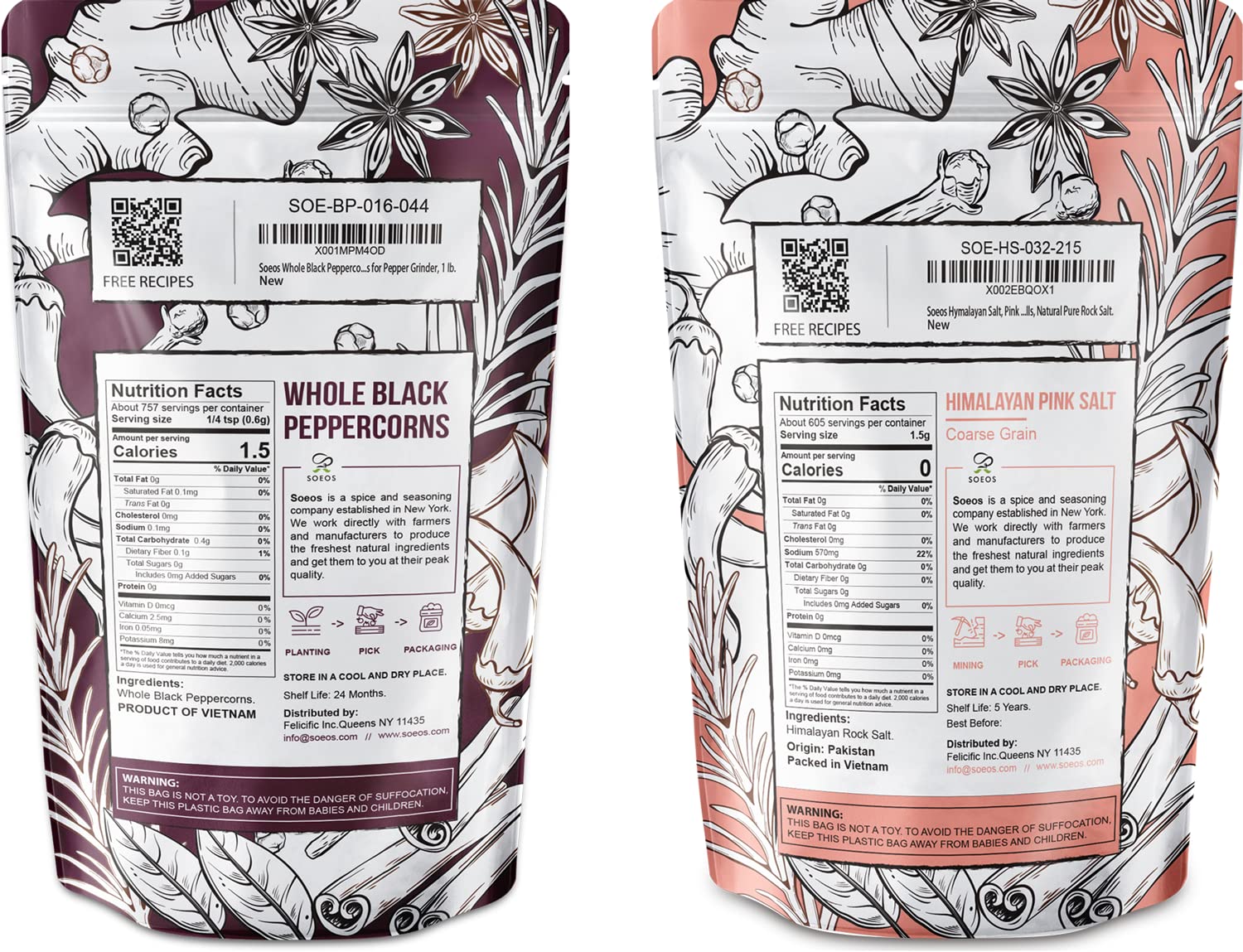 Soeos Whole Black Peppercorns 16oz + Himalayan Pink Salt 2lb, Salt and Pepper for Grinders, Black Peppercorn Refil, Pink Himalayan Sea Salt, 2 Piece Set - Image 3