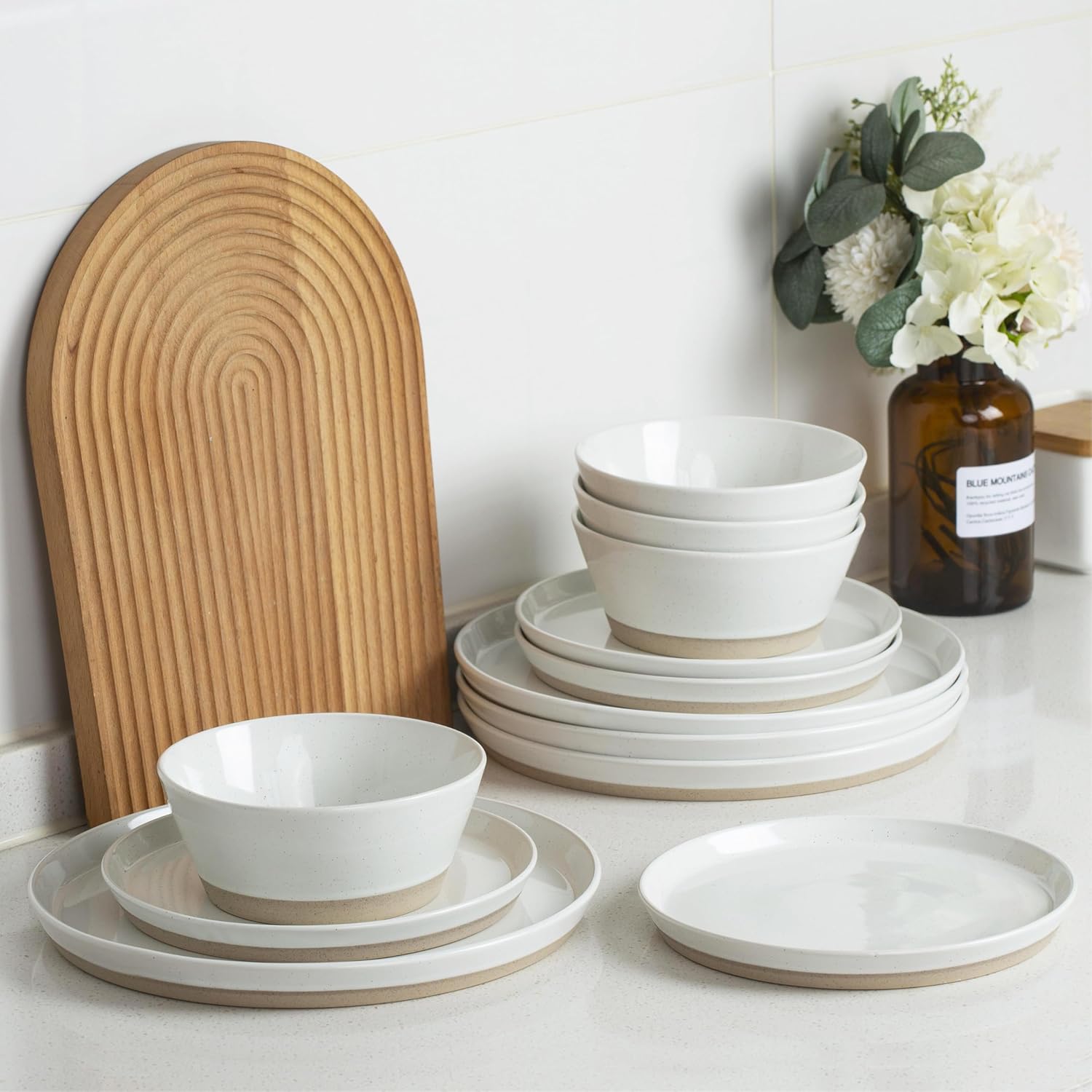 Famiware Saturn 12 Piece Dish Set and Moonlight 12 Pieces Stoneware Dinnerware Set, White - Image 3