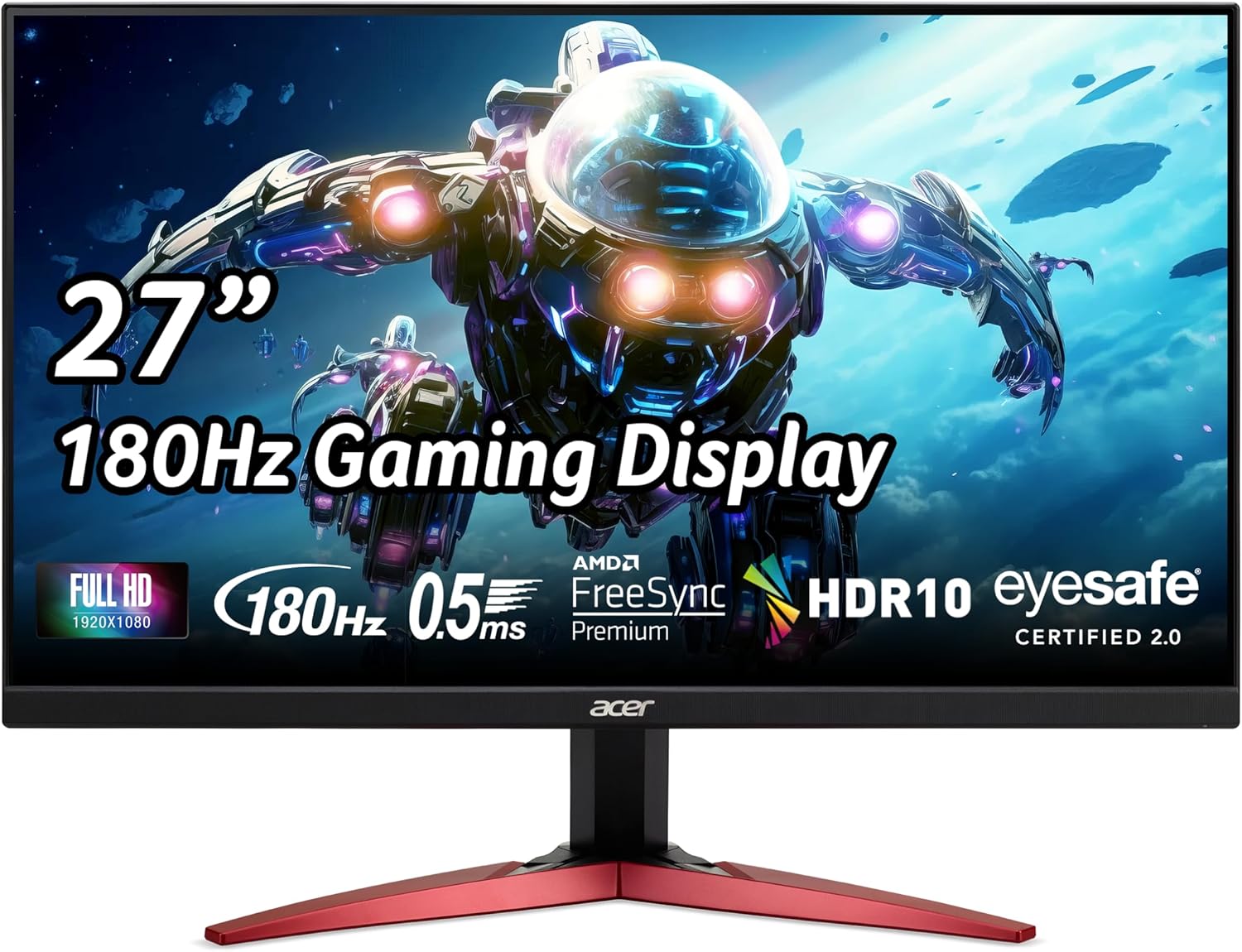 Acer Nitro 27" Full HD 1920 x 1080 PC Gaming IPS Monitor | AMD FreeSync Premium | 180Hz Refresh | Up to 0.5ms | HDR10 Support | 99% sRGB | 1 x Display Port 1.2 & 2 x HDMI 2.0 | KG271 M3biip,Black - Image 2