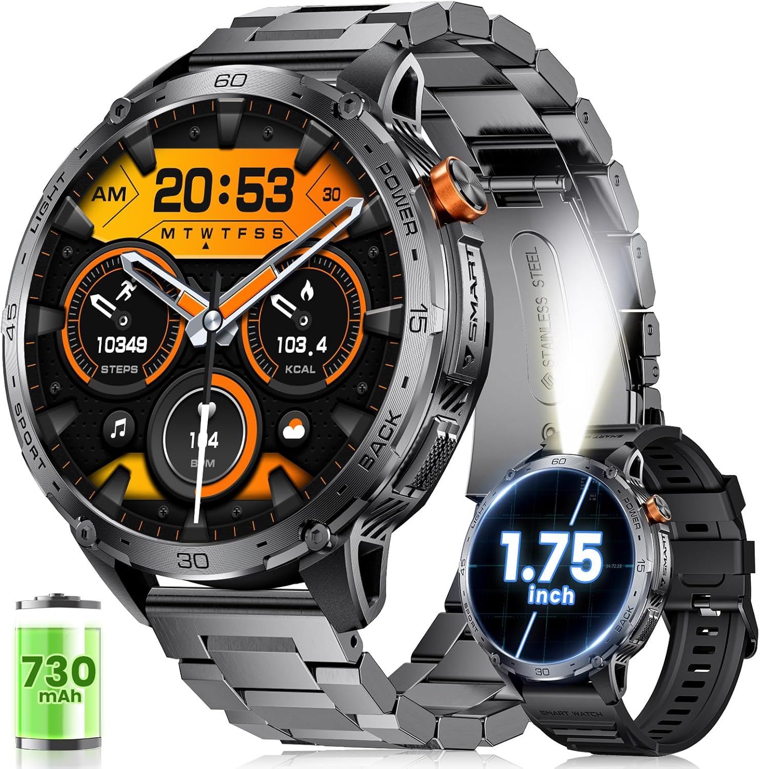 Smart Watch for Men with LED Flashlight(730mAh Battery), 1,75'' AMOLED Large Display Military Smart Watches with 130+ Sports, 24/7 Heart Rate/Sleep Monitor IP68 Waterproof for Android iOS Black - Image 2