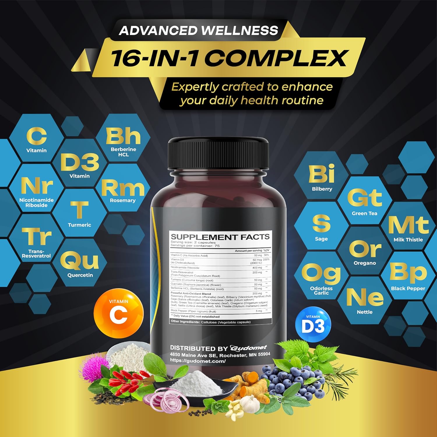 NAD+ Boosting Trans-Resveratrol Turmeric Quercetin Rosemary Bilberry Sage Green Tea Oregano Nettle Milk Thistle Black Pepper -150 Capsules- Made in USA - Image 3