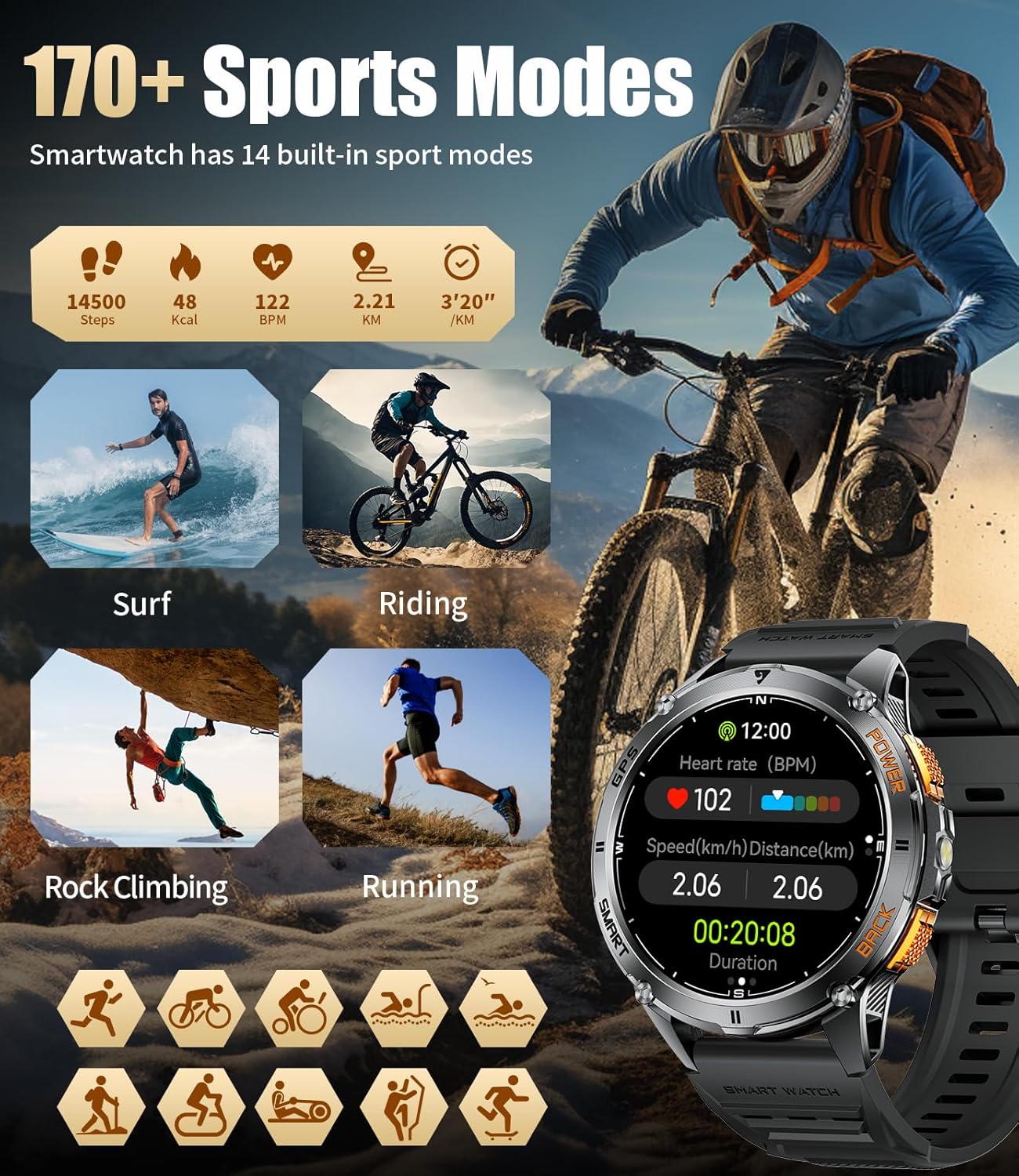 LIGE GPS Smart Watch for Men, Compass/LED Flashlight/6 Satellite Positioning/1.43" AMOLED Smartwatch, 100+ Sports Mode Fitness Tracker Watch for Android iOS, IP68 Waterproof Watch for Swimming - Image 4