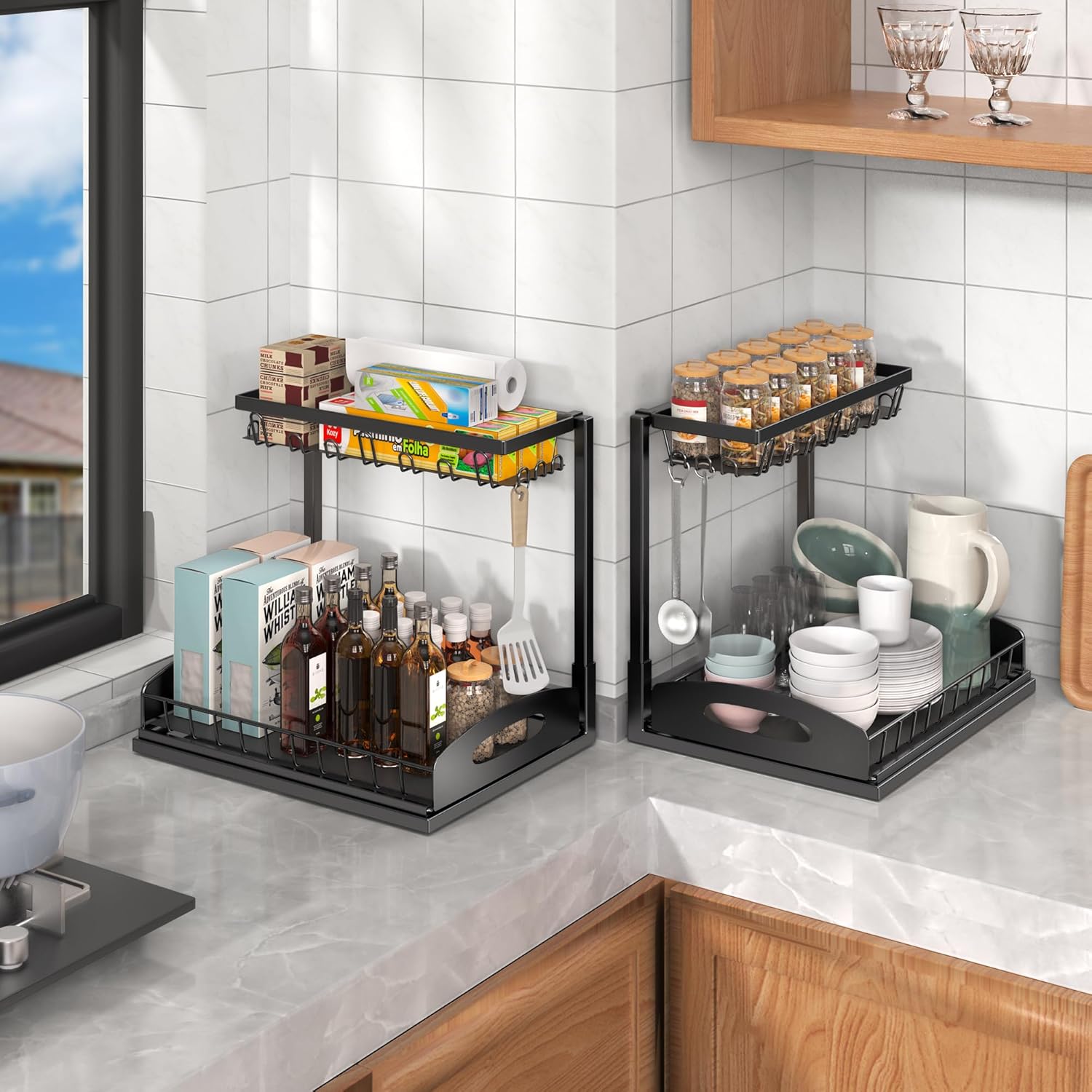 Under Sink Organizer, 2 Pack L-Shaped Bathroom Kitchen Organizers and Storage, Pull Out Sink Cabinet Drawer Shelf Pantry Organizer and Storage, Black - Image 8