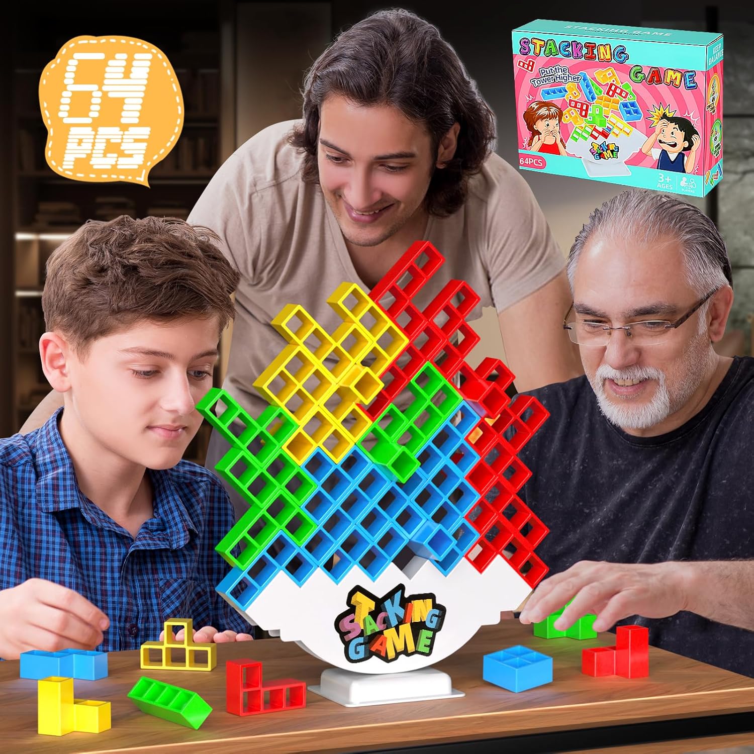 64PCS Stack Attack Game for Adult & Kids, Tetra Board Tower Games for Family Travel Party, 2 Players Balance Stacking Toy, Team Toys Building Block - Image 2