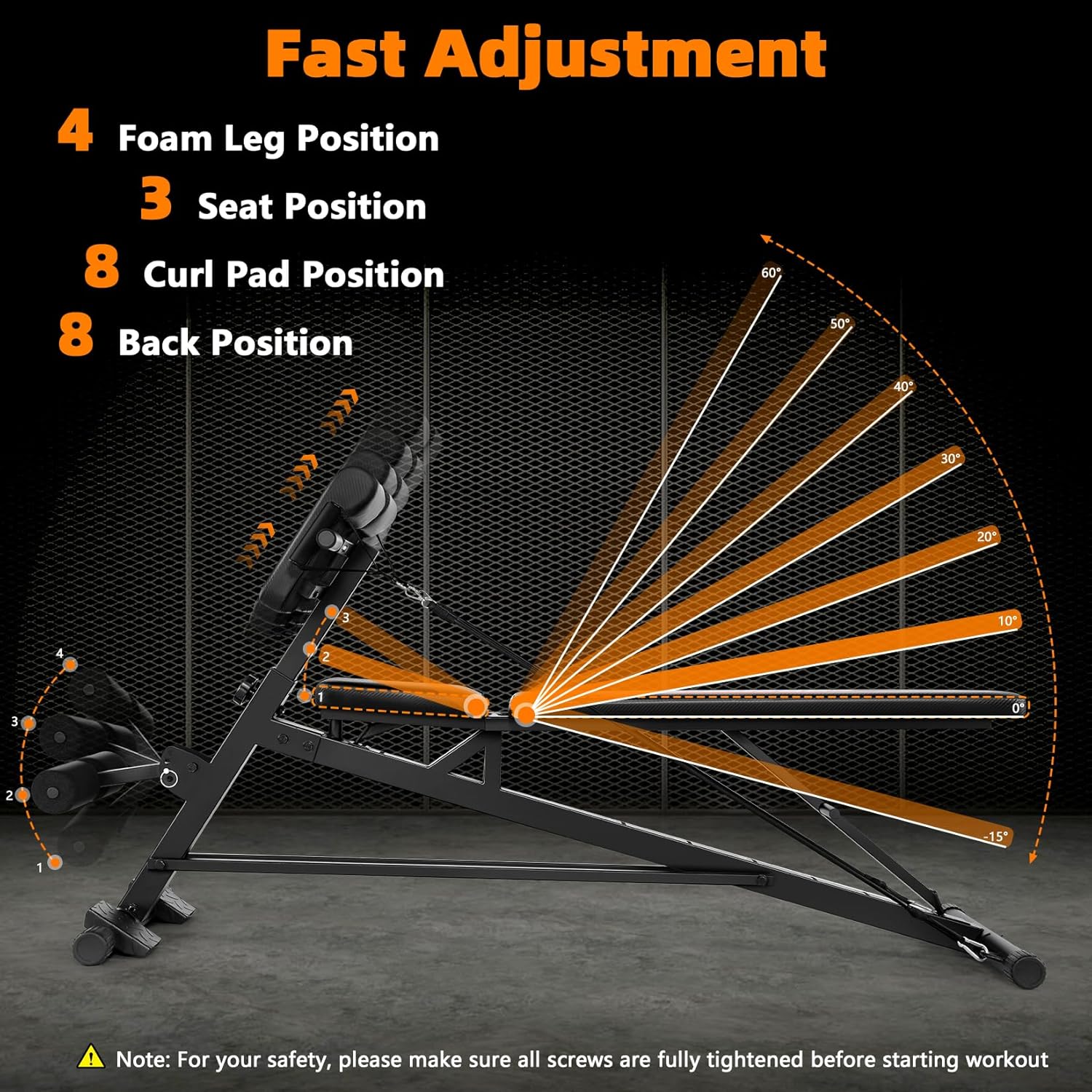 OPPSDECOR Adjustable Weight Bench with Preacher Curl, 900LBS Heavy Duty Roman Chair for Hyper Back Extension, 3 IN 1 Workout Bench Press for Home Gym Full Body Strength Training with 2 Resistance Bands - 2024 Upgrade - Image 4