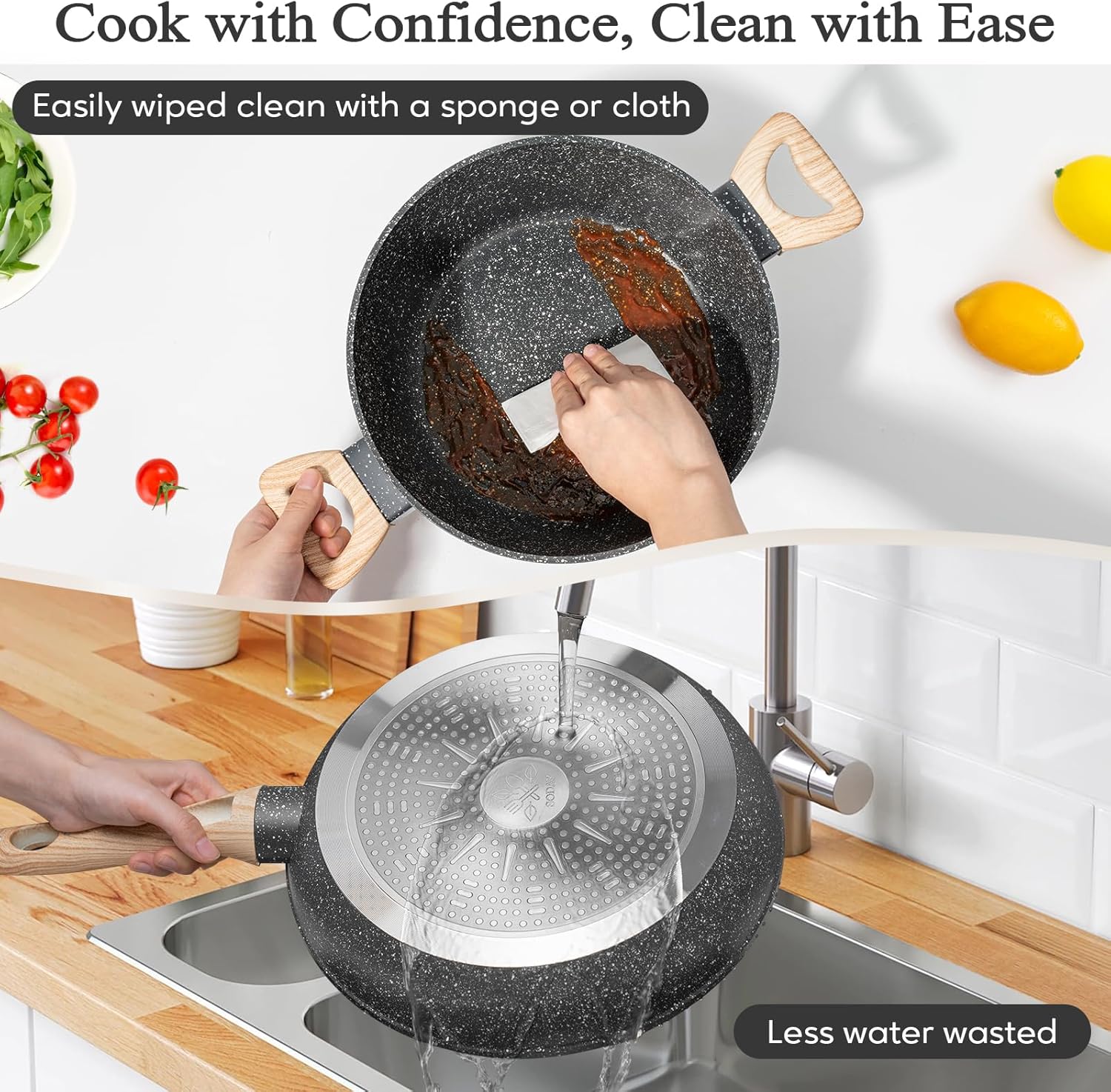 12 Pcs Pots and Pans Set, Nonstick Cookware Sets Black Granite Induction Cookware, Non-toxic Healthy Non Stick Kitchen Cooking Set with Frying Pans Set, Saucepans,Steamer (PFAS, PFOA, PFOS Free) - Image 7