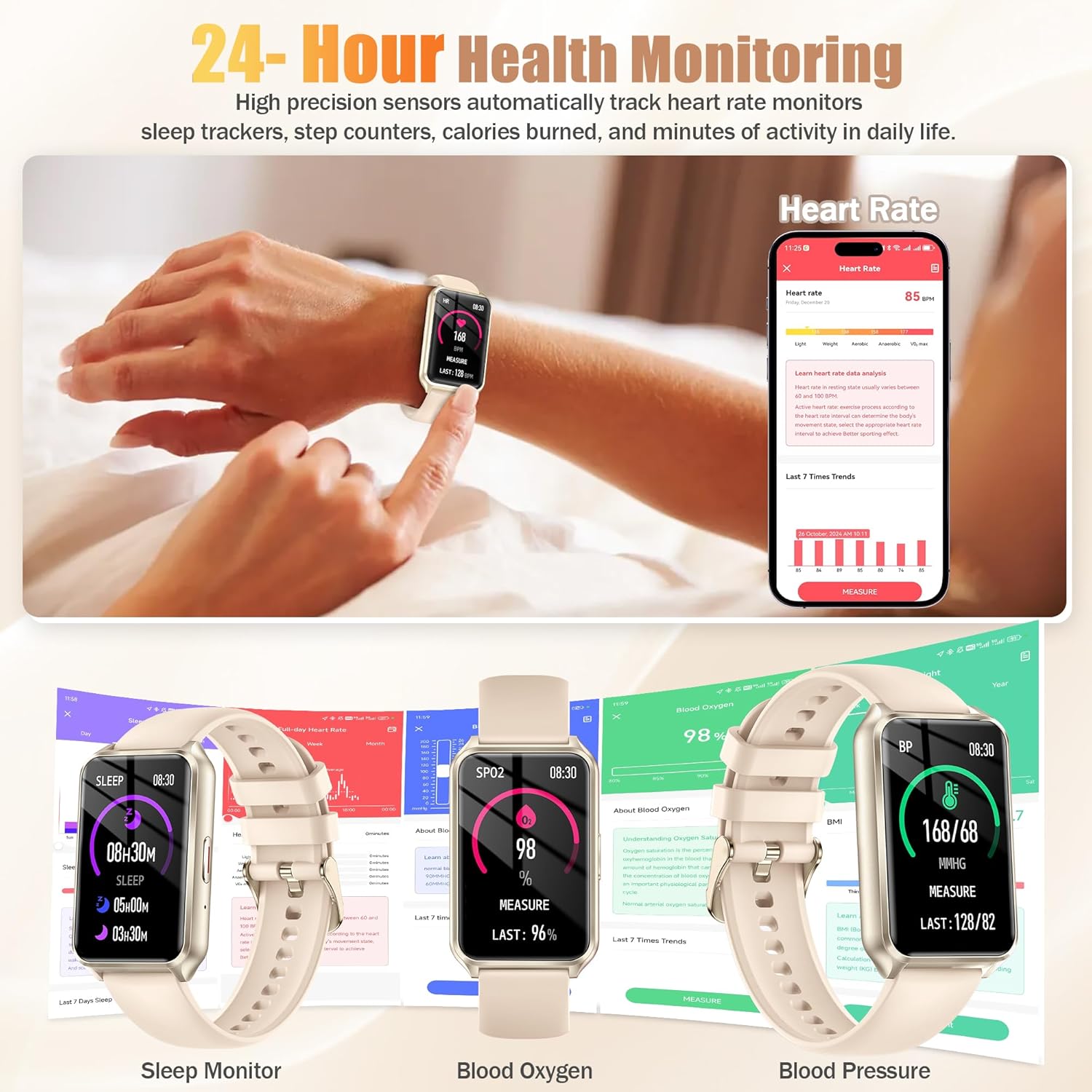 Smart Watch with Fitness Tracker, 1.57-Inch Display, Answer Calls, Sleep Monitor, IP68 Water Resistant (Gold) - Image 4