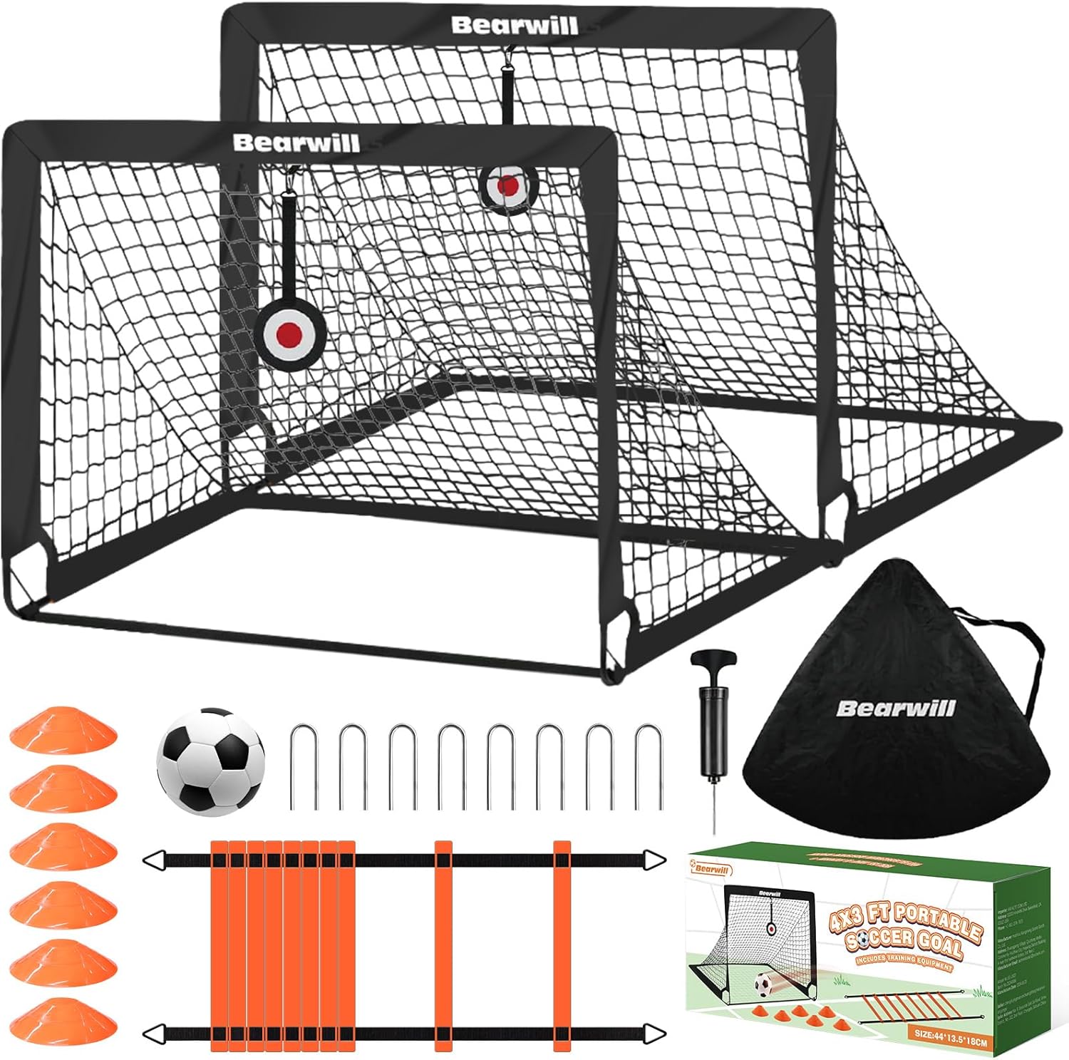 Soccer Goal, Kids Soccer Goals for Backyard Set of 2, 4x3ft Portable Soccer Goal Pop Up Soccer Net, Kids Soccer Net for Backyard Training Equipment with Soccer Ball, Ladder, Cones, Targets - Image 2