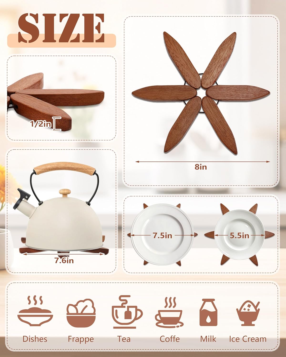 8 Inches Tree-Shaped Trivets, Collapsible Walnut Wood Place Mats for Hot Dishes Pans, Anti Stain Pot Holders for Kitchen Counter Table Home Essentials, 4PCS Wooden Coasters with Organising Holder - Image 3