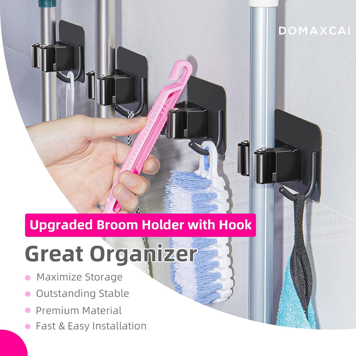 4 Pack Anti-Slip Broom Holder, Space-Saving, Damage-Free Wall Mount, Stainless Steel, Black - Image 3