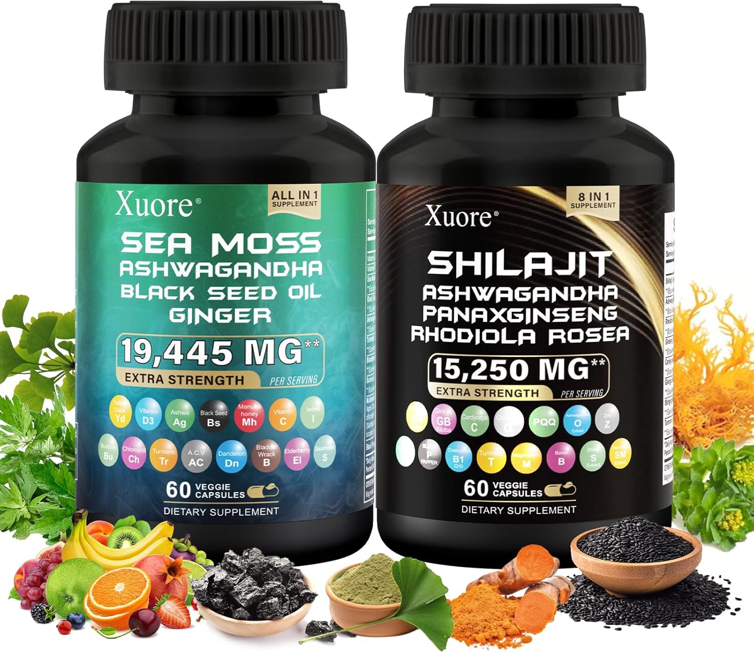 Shilajit and Sea Moss Bundle, Sea Moss, Black Seed Oil, Ashwagandha, Ginger, Shilajit, Rhodiola Rosea, Panax Ginseng,120 Capsules All in One Supplement,(1 Package). - Image 2
