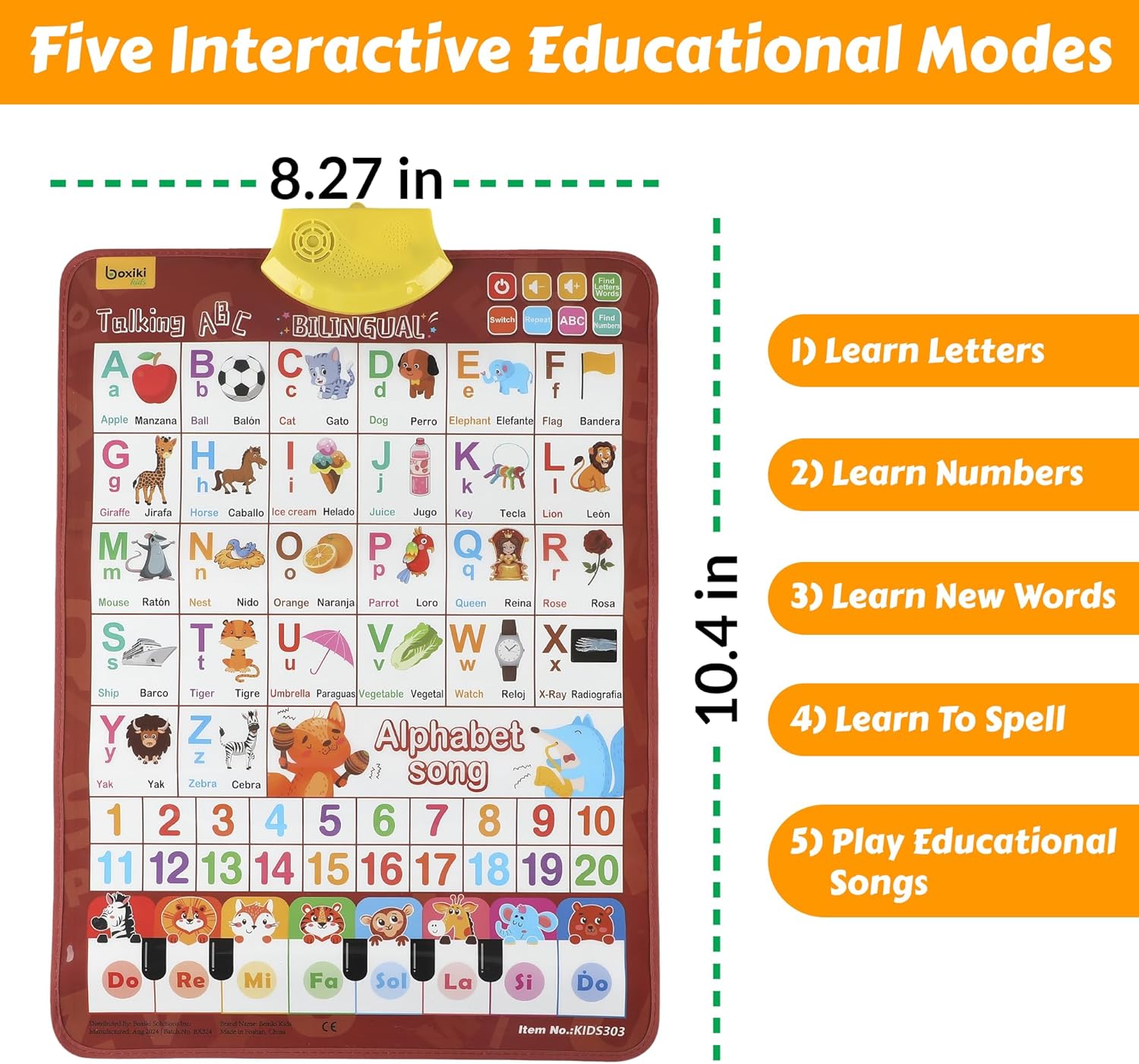 Bilingual English & Spanish Learning Interactive Alphabet Wallchart - Includes Talking ABC, 123s & Music Poster - Educational Kids Learning Toy, Educational Gift for 3+ Years Old Girls & Boys - Image 6