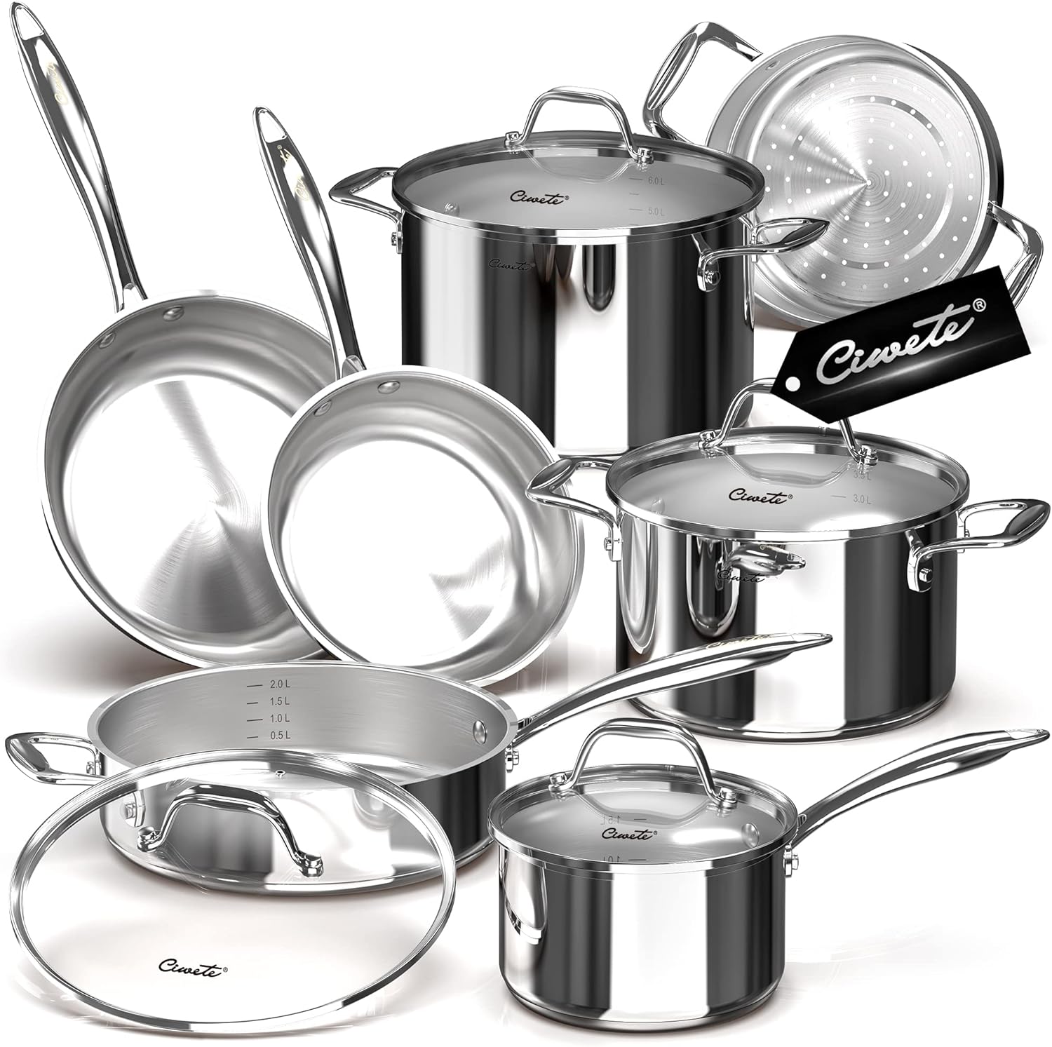 Tri-Ply Stainless Steel Pots and Pans Set 11-PC, 18/10 Stainless Steel Induction Cookware Set with Steamer Insert, Kitchen Cookware Sets with Stay Cool Ergonomic Handles, Dishwasher, Oven Safe - Image 2