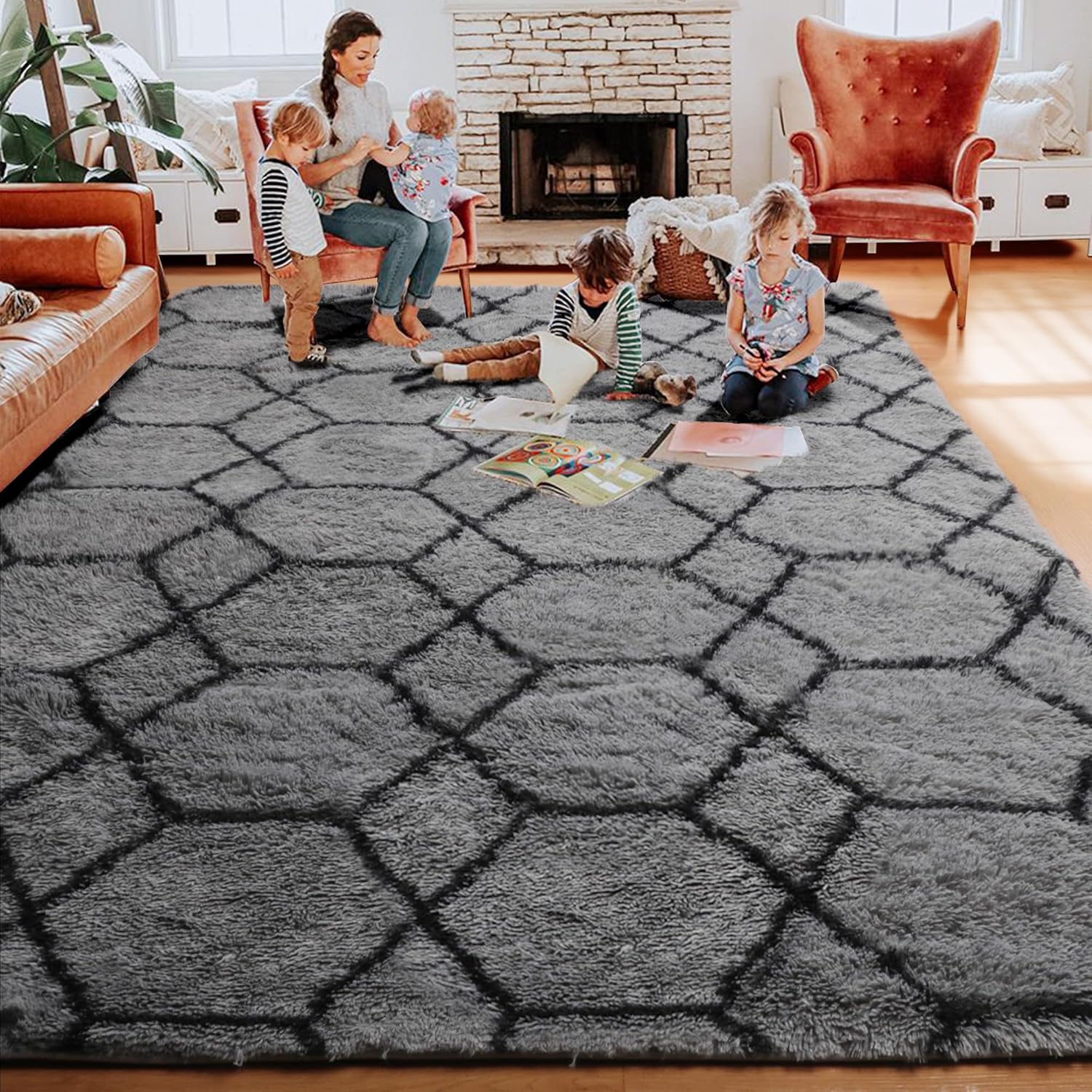 ONASAR 8x10 Area Rugs for Living Room, Fluffy Grey and Black Bedroom Rug, Washable Geometric Boho Large Soft Plush Shaggy Fuzzy Floor Carpet for Nursery Kids Classroom Playroom Dorm Home Decor - Image 6
