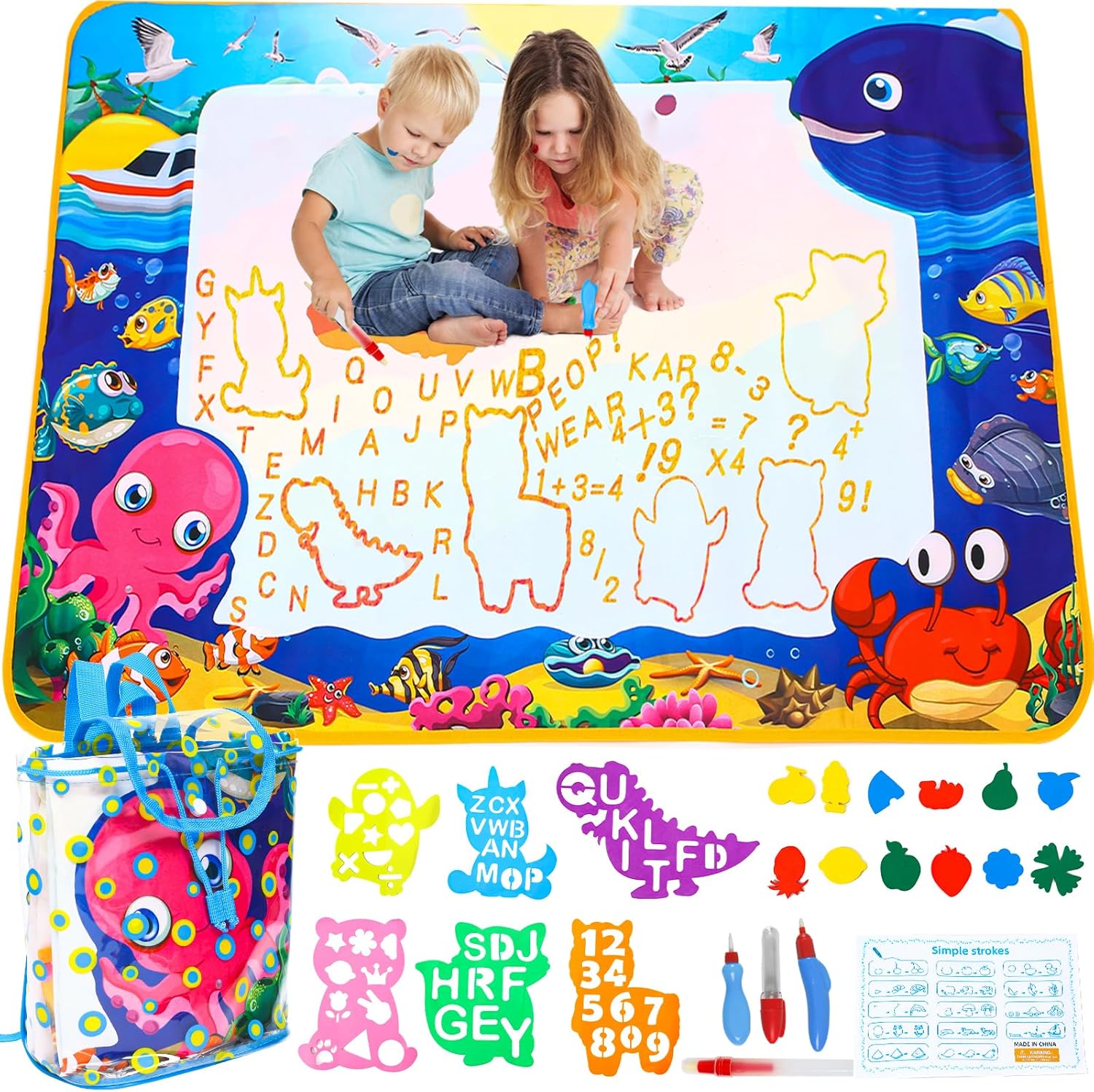 Aqua Doodle Pad Neon,Water Doodle Mat with Bag, Water Drawing for Travel, Magic Coloring Painting Writing Mat for Toddlers & Kids 3 4 5 6 7 - Image 2