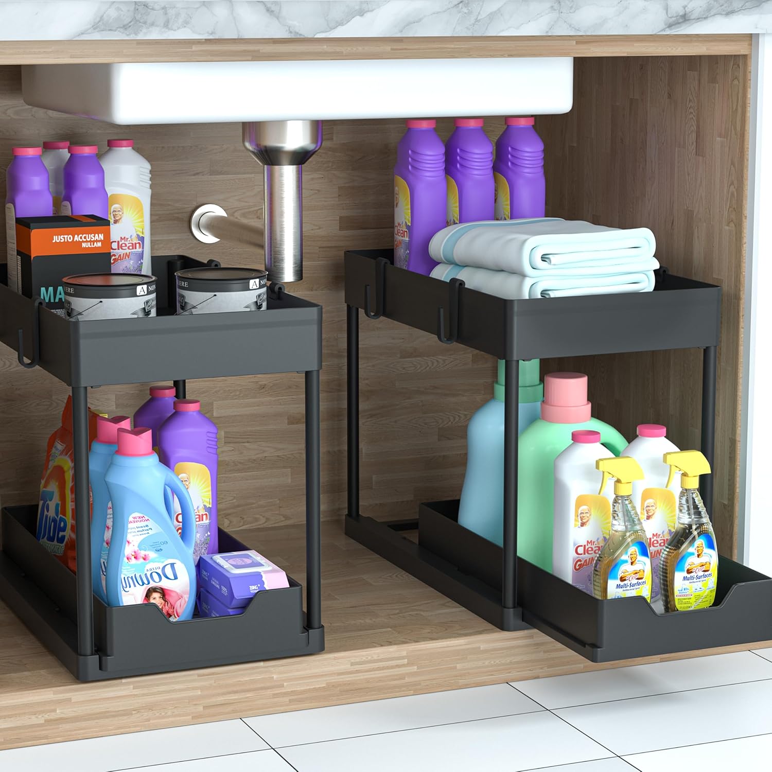 Under Sink Organizer 2 Pack, Bathroom Cabinet Organizer, 2 Tier Sliding Cabinet Basket Organizer Drawer, Multi-Purpose Bath Collection Baskets for Bathroom (Black) - Image 10