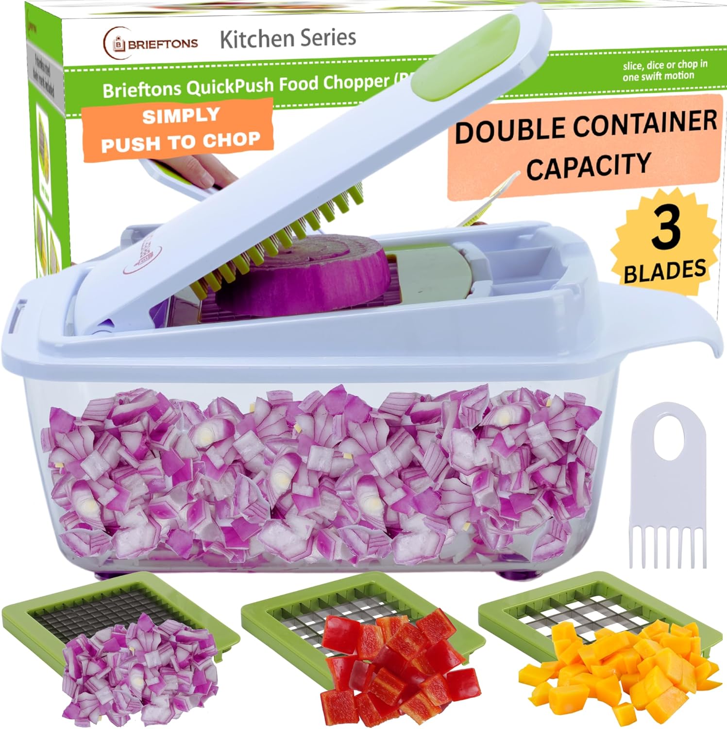 Brieftons QuickPush Food Chopper: Strongest & 200% More Container Capacity, 30% Heavier Duty, Fruit & Vegetable Chopper, Onion Chopper Vegetable Cutter, with 3 Dicer Blades & Keep-Fresh Lid, 5 Ebooks - Image 2
