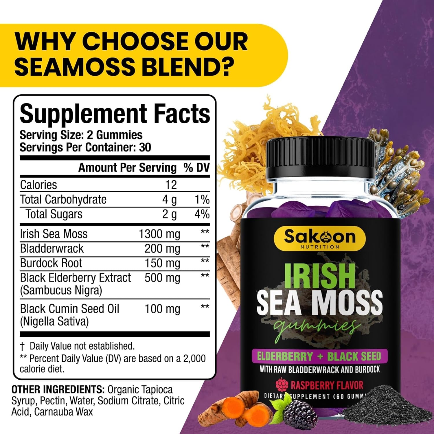 Irish Sea Moss Gummies with Elderberry & Black Seed Oil - Overall Wellness Support | Rich in Vitamins, Raspberry Flavor | 60 Gummies - Image 3