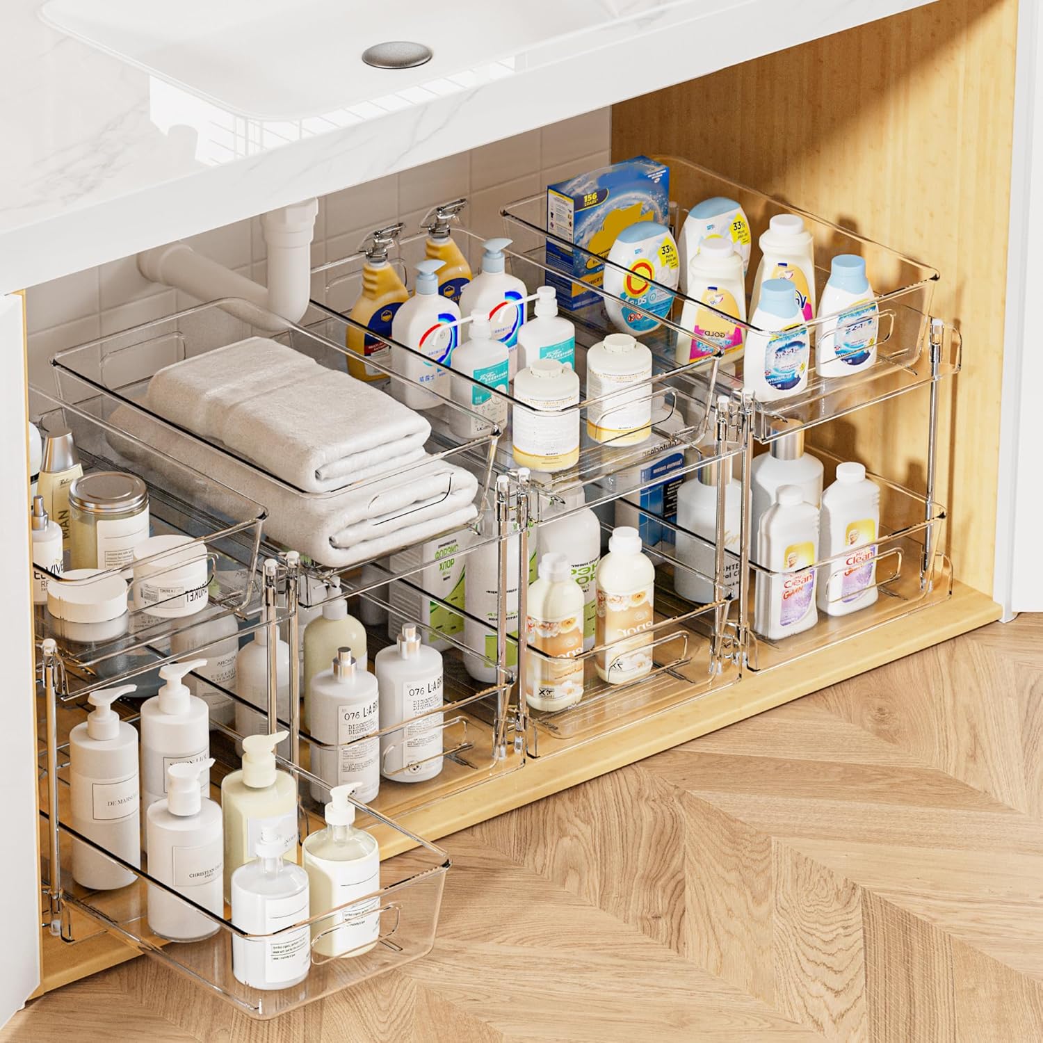 Vtopmart 4 Pack Bathroom Organizer, 2 Tier Clear Under Sink Organizers Vanity Countertop Storage Container,Cabinet Drawers Bins, Pull-Out Organization with Track for Pantry, Kitchen - Image 2