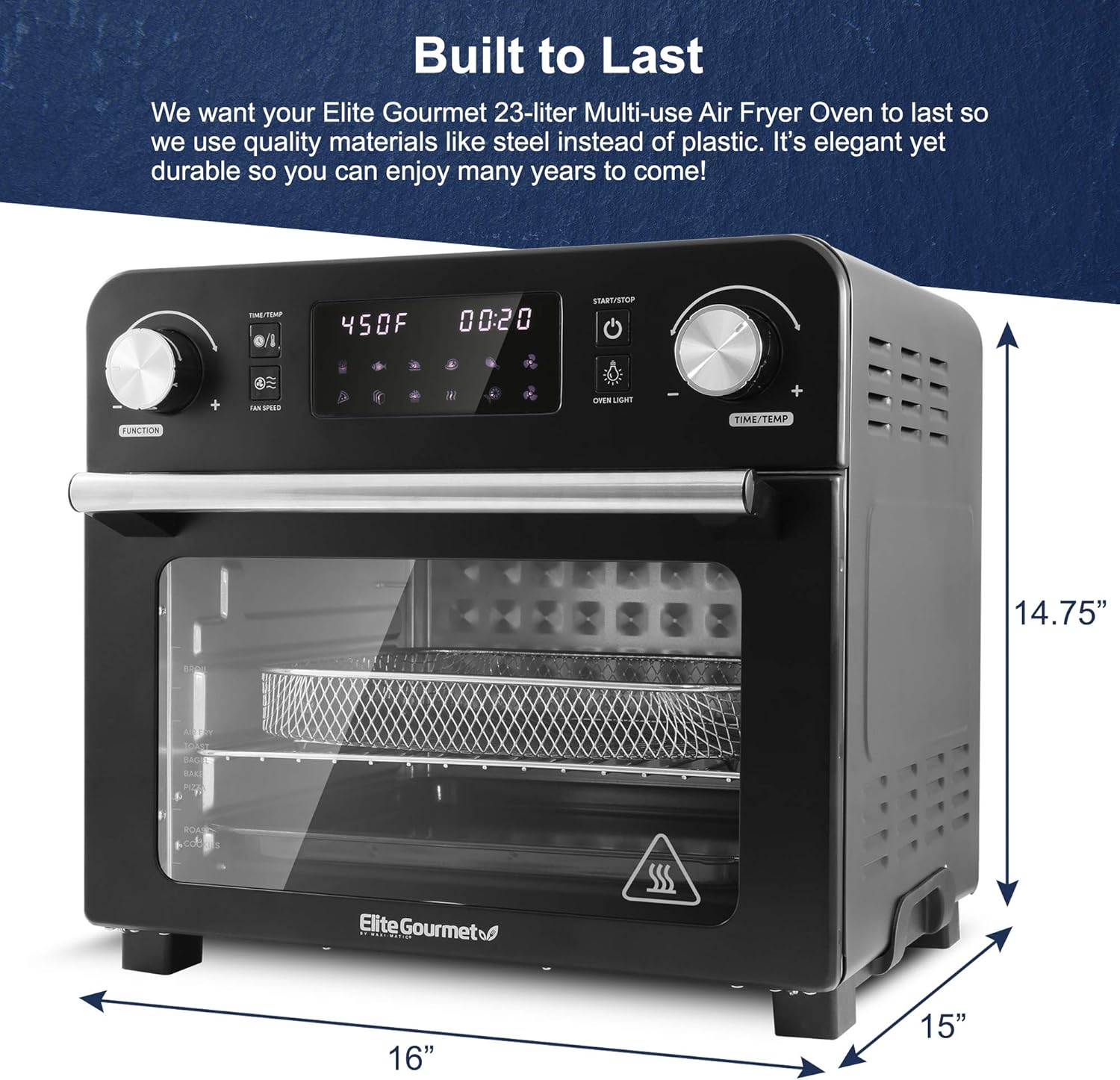 Elite Gourmet EAF9310 Digital Programmable Fryer Oven, Oil-Less Convection Oven Extra Large 24.5 Quart Capacity, fits 12" pizza, Grill, Bake, Roast, Air Fry, 1700-Watts, Black - Image 8
