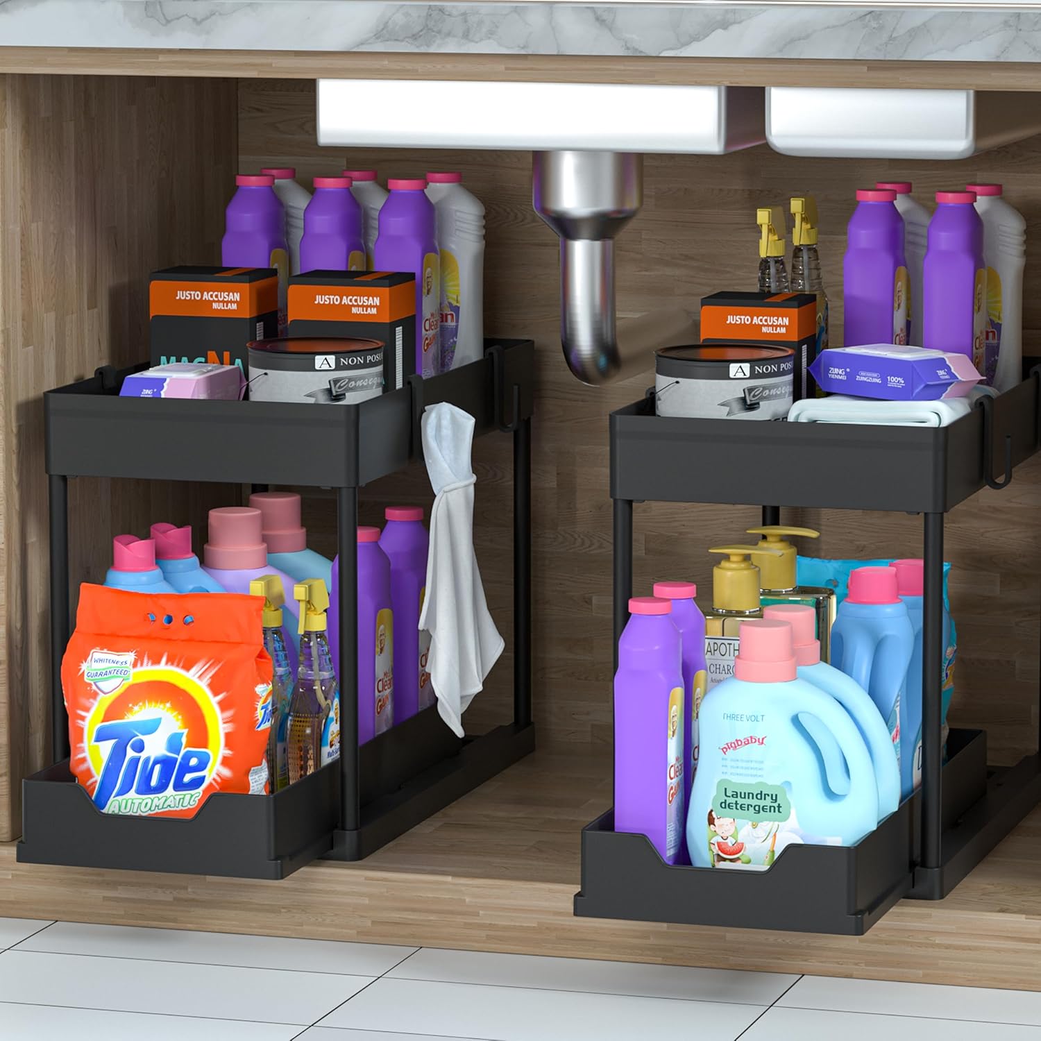 Under Sink Organizer 2 Pack, Bathroom Cabinet Organizer, 2 Tier Sliding Cabinet Basket Organizer Drawer, Multi-Purpose Bath Collection Baskets for Bathroom (Black) - Image 5
