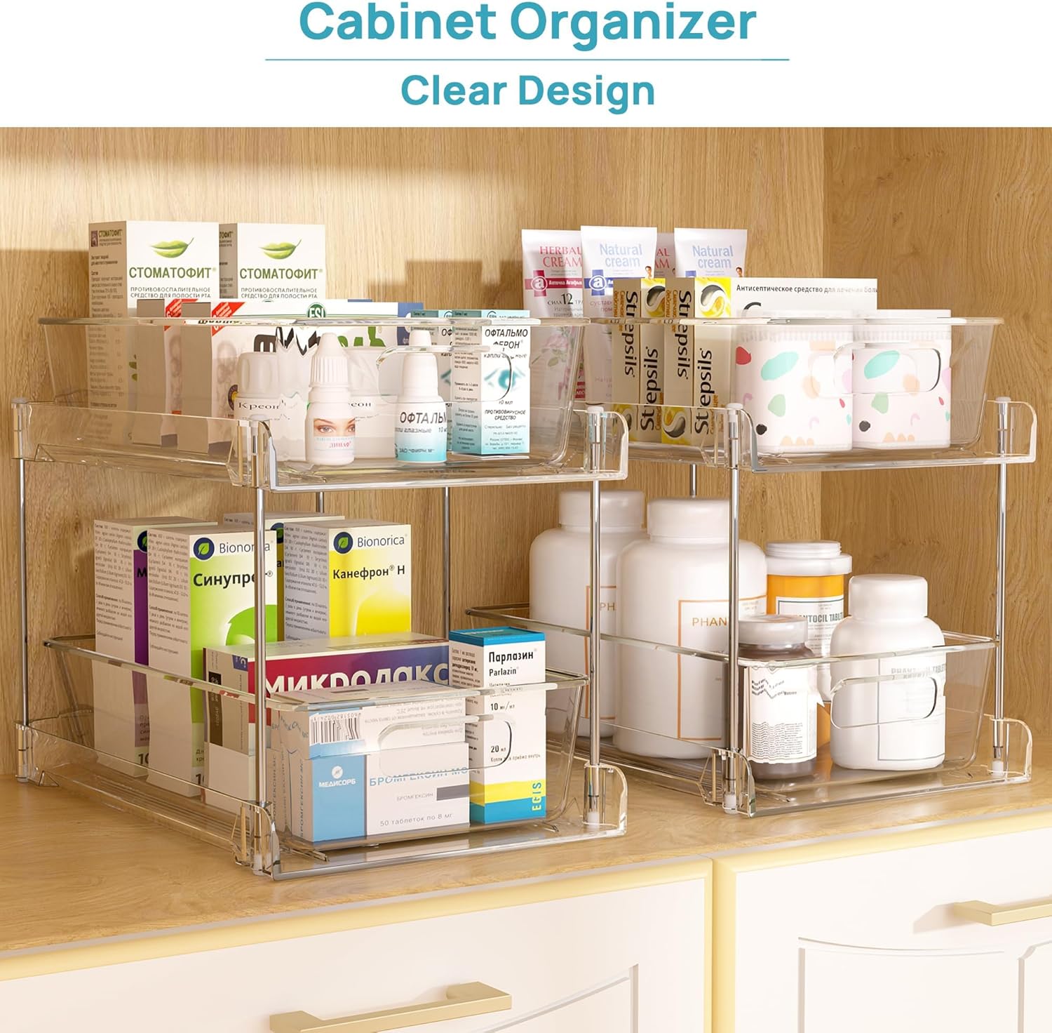 Vtopmart 4 Pack Bathroom Organizer, 2 Tier Clear Under Sink Organizers Vanity Countertop Storage Container,Cabinet Drawers Bins, Pull-Out Organization with Track for Pantry, Kitchen - Image 4