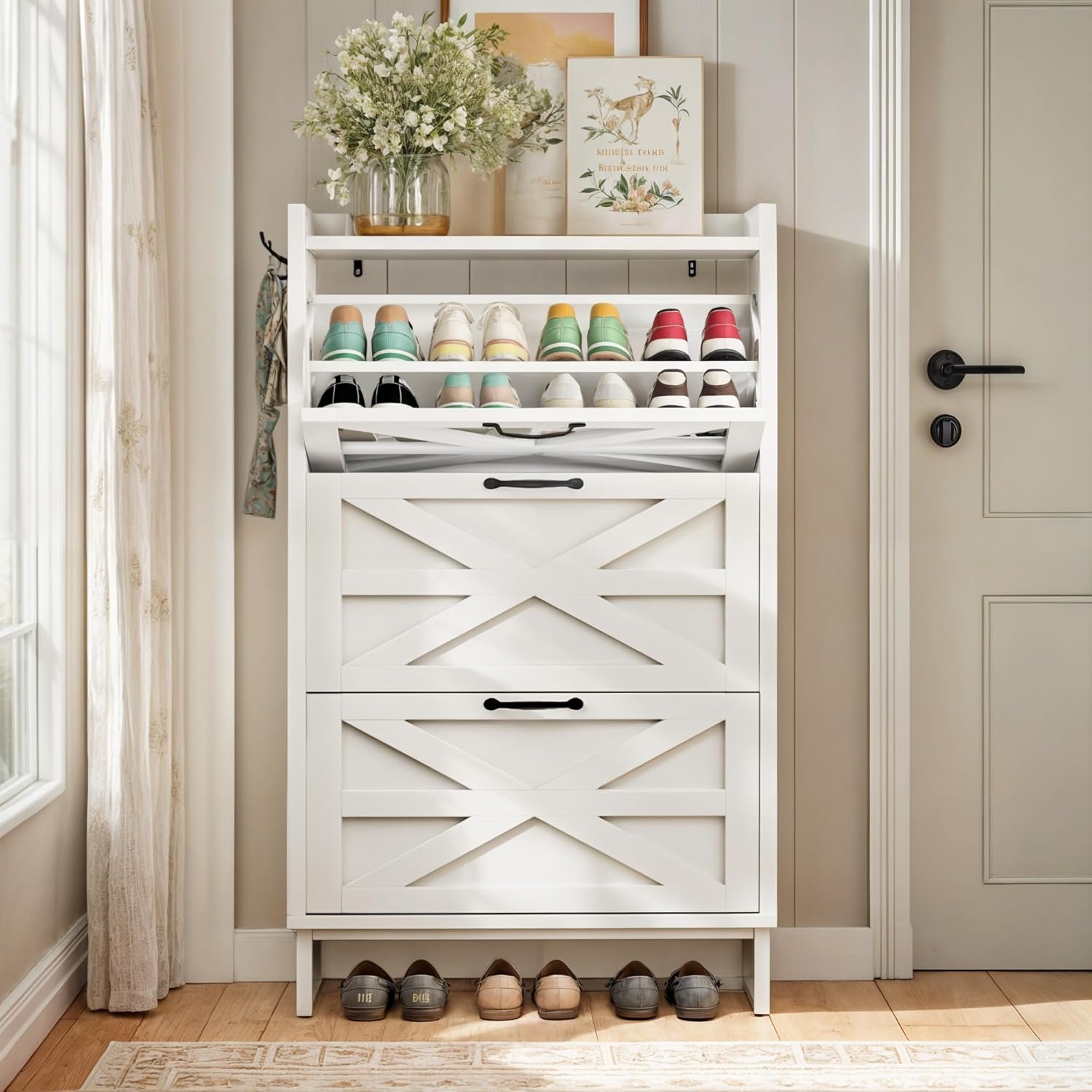 DWVO Shoe Storage Cabinet with 3 Flip Drawers, Narrow Slim Shoe Organizer for 24 Pairs of Shoes, Shoe Rack Cabinet for Entryway, Living Room, Hallway (White) - Image 4