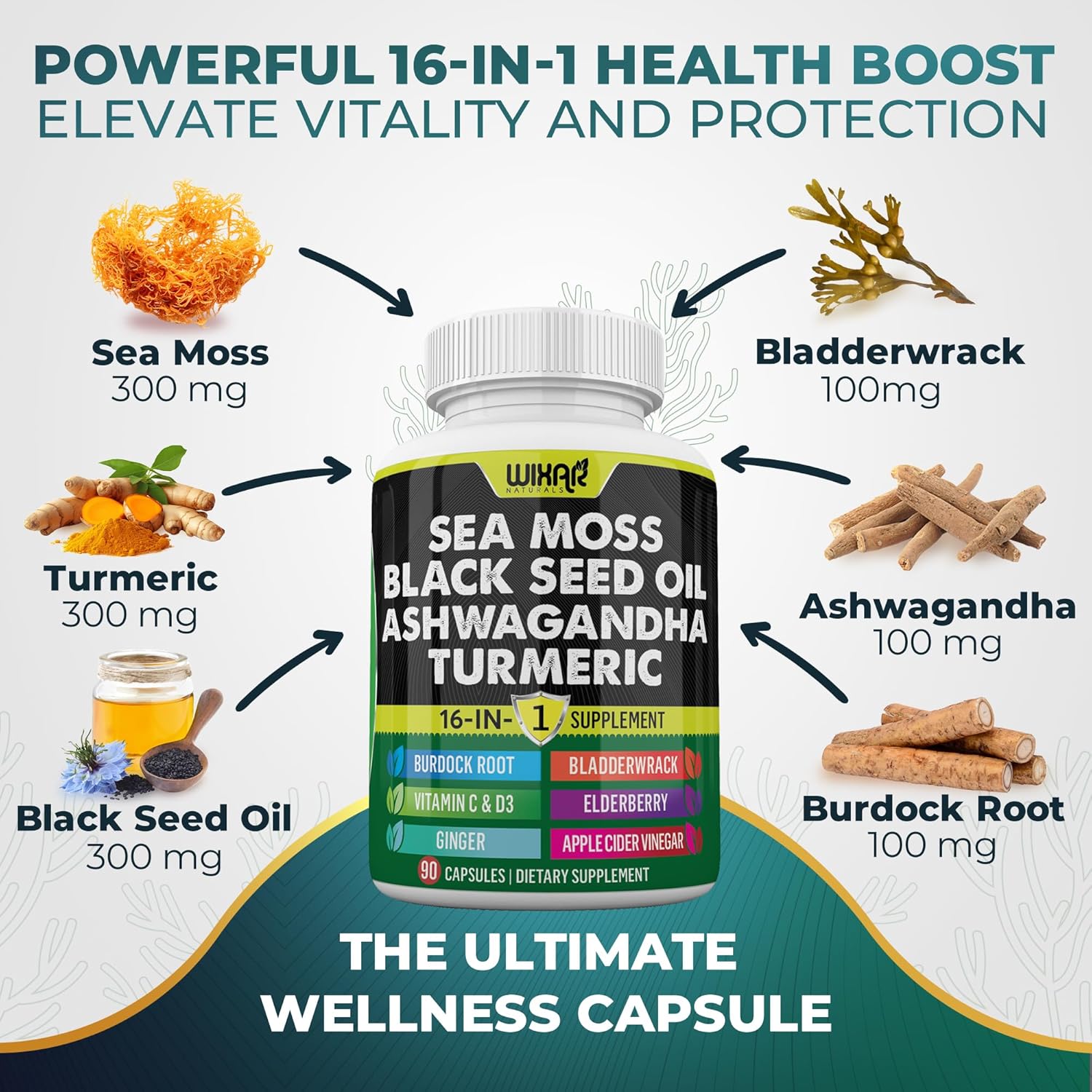 Wixar Sea Moss 3000mg Black Seed Oil 2000mg Ashwagandha 1000mg Turmeric 1000mg Bladderwrack 1000mg Burdock 1000mg & Vitamin C & D3 with Elderberry Dandelion Yellow Dock Chlorophyll ACV - 90 Capsules - Image 4