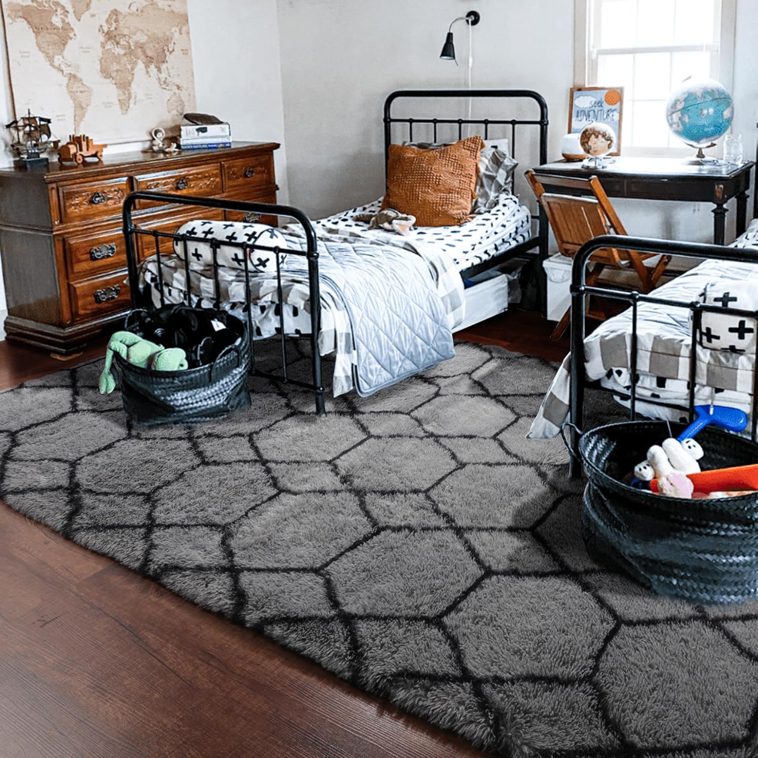 ONASAR 8x10 Area Rugs for Living Room, Fluffy Grey and Black Bedroom Rug, Washable Geometric Boho Large Soft Plush Shaggy Fuzzy Floor Carpet for Nursery Kids Classroom Playroom Dorm Home Decor - Image 9