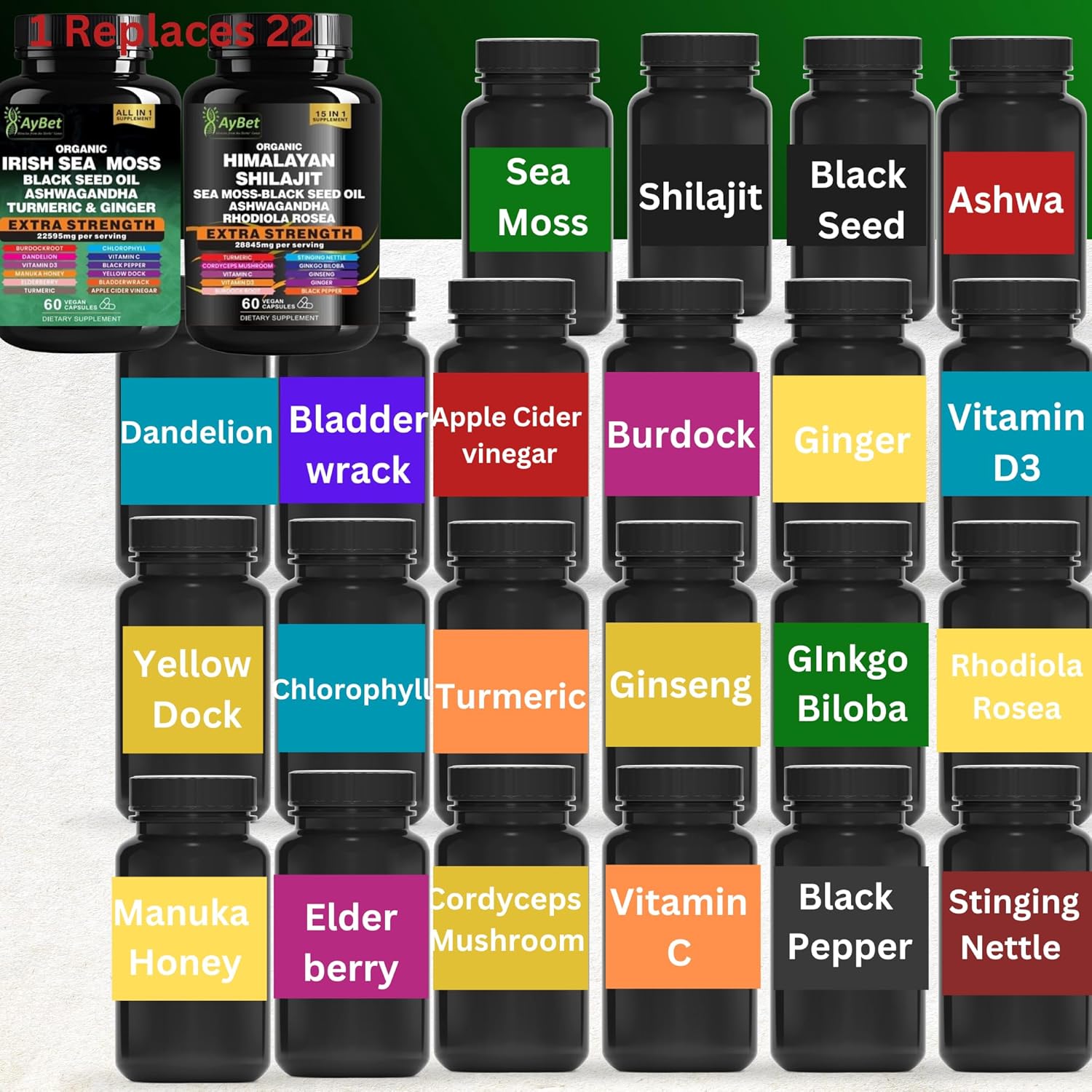 Sea Moss Shilajit Combo Bundle Capsule, Black Seed Oil, Ashwagandha, Rhodiola Rosea, Burdock, Turmeric, Ginger, VitC, VitD3, All in One Supplement, 120 Capsules, Halal, Vegan, USDA Organic - Image 5
