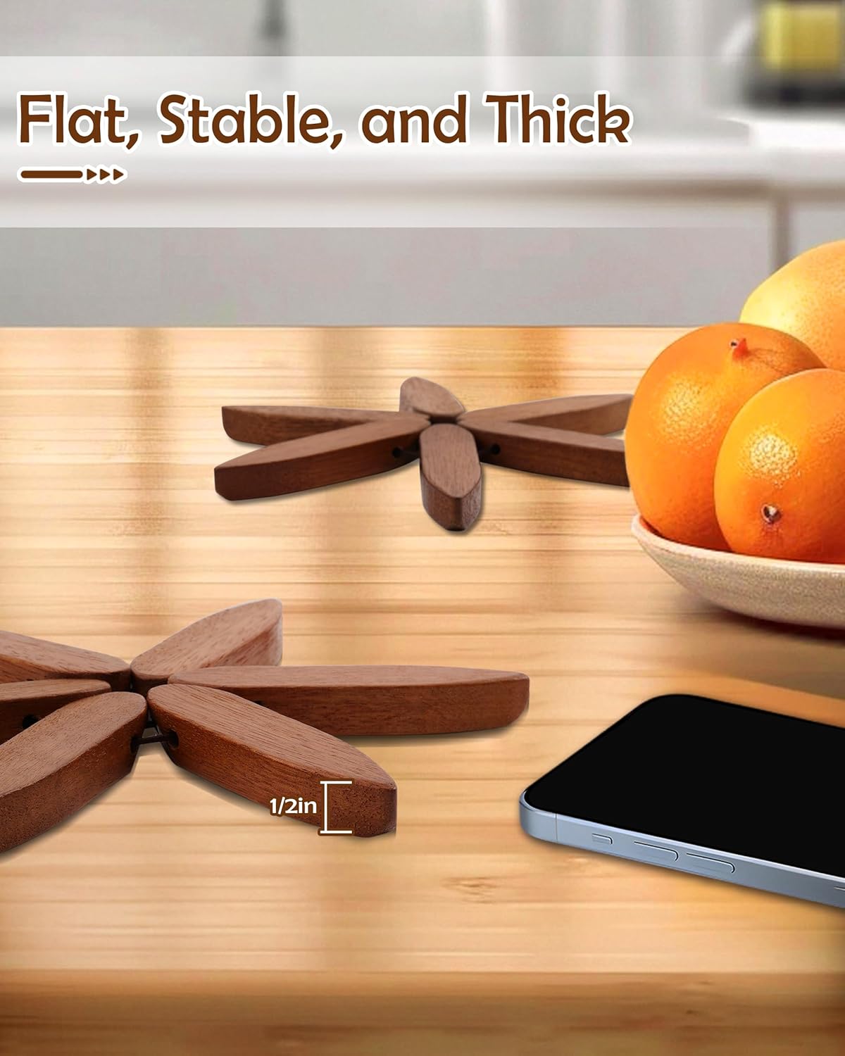 8 Inches Tree-Shaped Trivets, Collapsible Walnut Wood Place Mats for Hot Dishes Pans, Anti Stain Pot Holders for Kitchen Counter Table Home Essentials, 4PCS Wooden Coasters with Organising Holder - Image 9