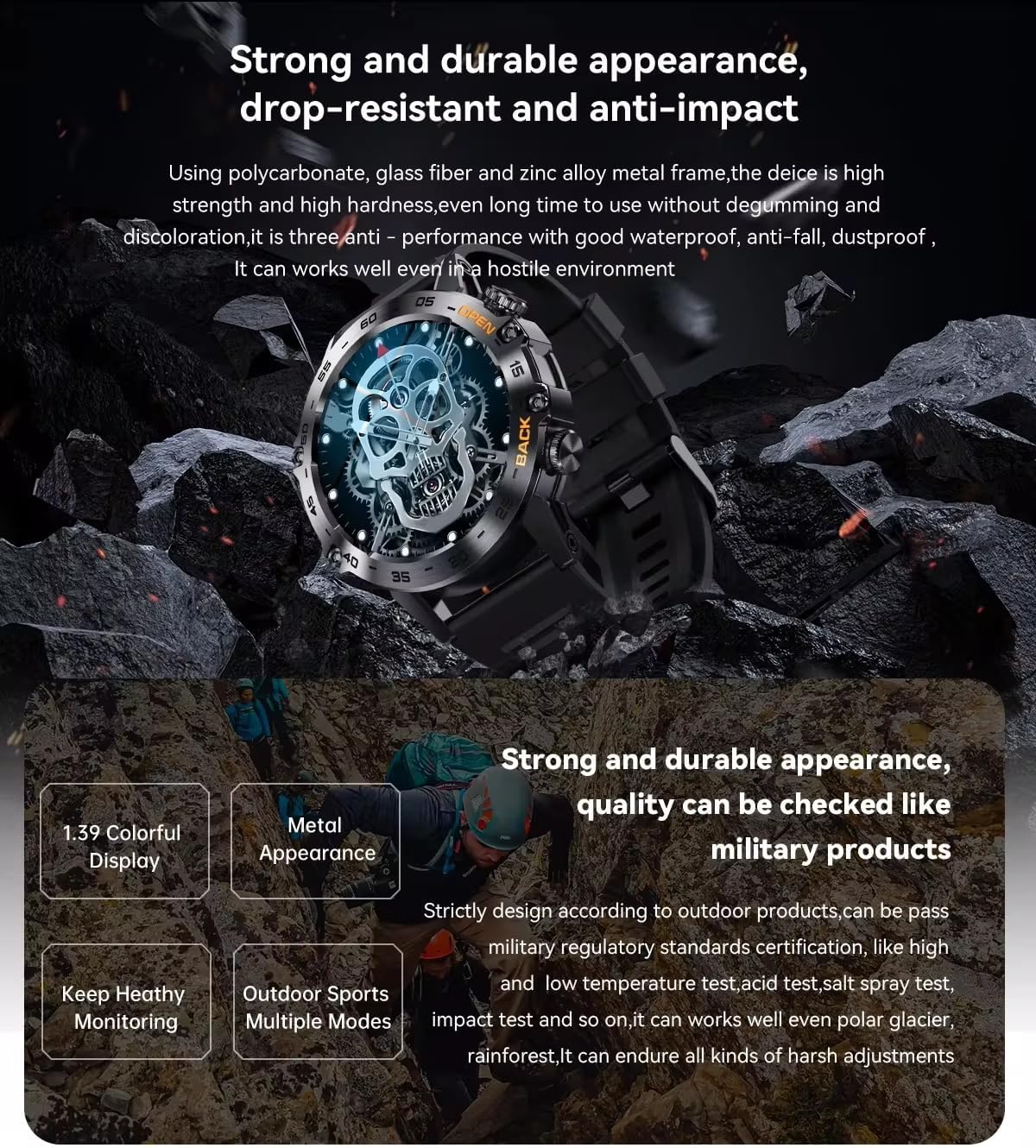 Mens Military Smartwatch Bluetooth Answer/Make Call for Android iOS Phone Long BTRY 1.39" Outdoor Sports Activity Fitness Tracker Orange Silicone Strap Music Smartwatches Health Monitor (Orange) - Image 7