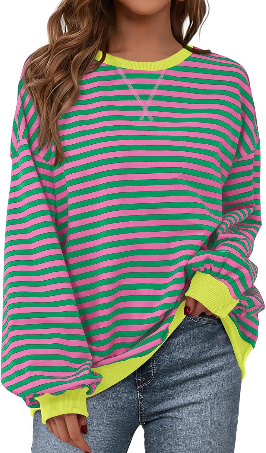 BTFBM Womens Striped Pullover Tops Fall Clothes 2025 Long Sleeve Shirts Trendy Soft Crew Neck Loose Y2K Sweatshirts - Image 2