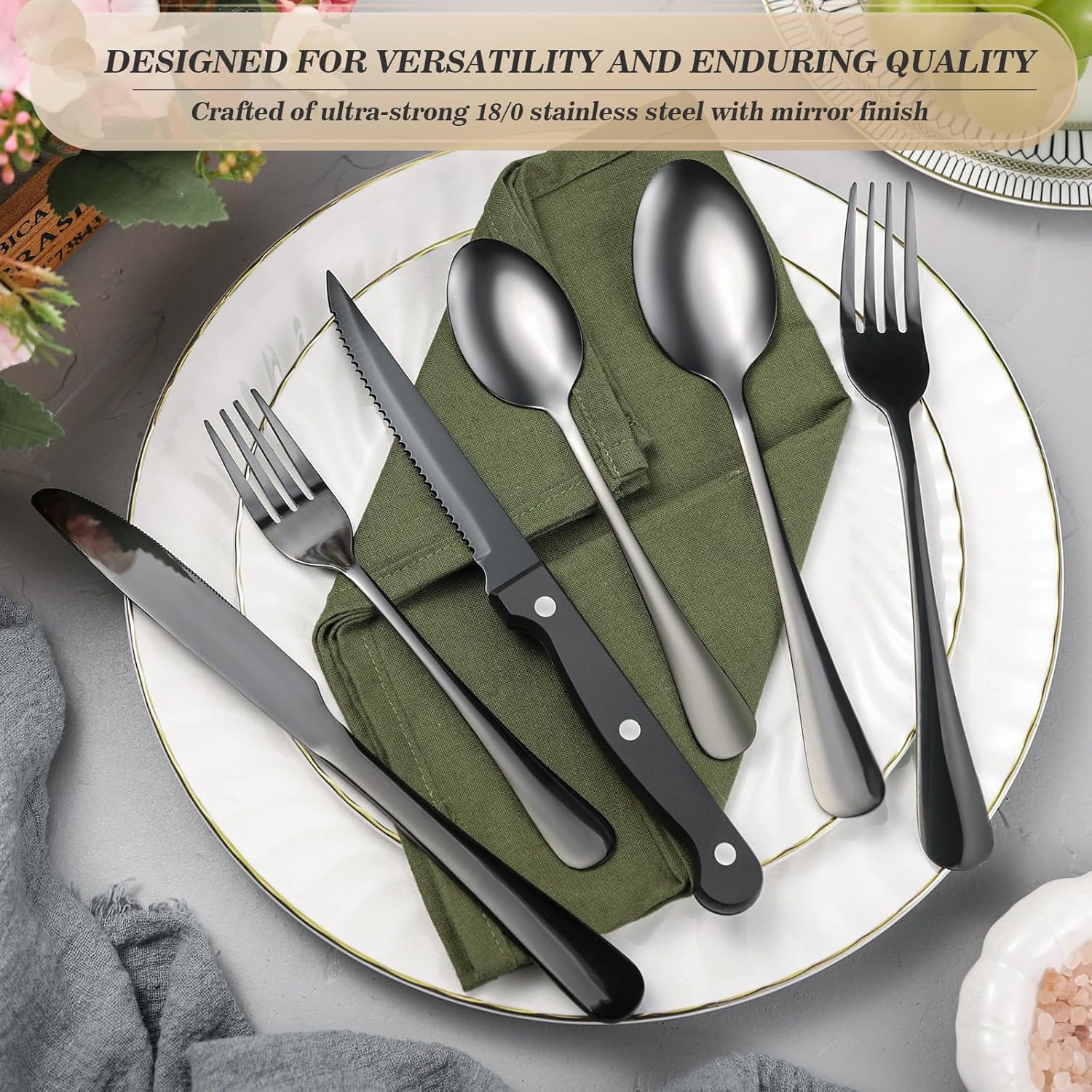 24-Piece Black Silverware Set with Organizer,Heavy Duty Stainless Steel Flatware Cutlery Tableware Set for 4,Includes 6-Compartment Silverware Tray with Cutlery Icons,Tableware Set with Steak Knives - Image 4