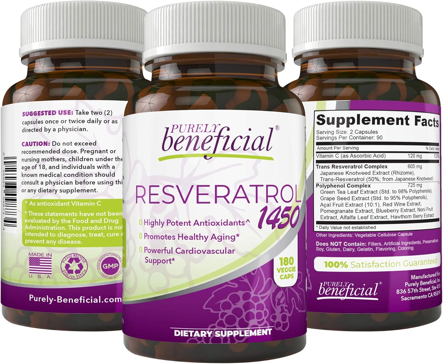 PURELY beneficial RESVERATROL1450-90day Supply, 1450mg per Serving of Potent Antioxidants & Trans-Resveratrol, Promotes Anti-Aging, Cardiovascular Support, Maximum Benefits (1bottle) - Image 2