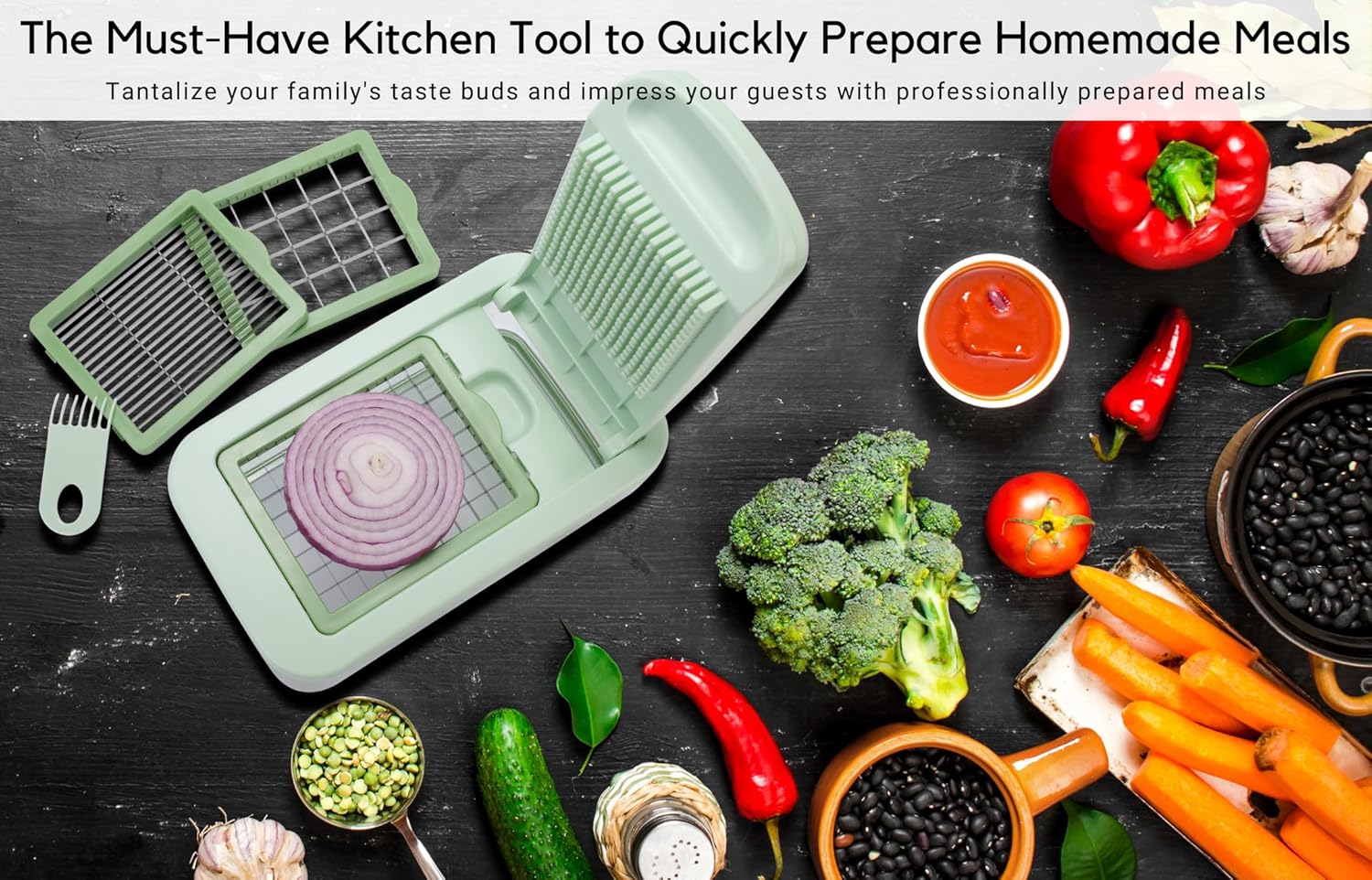 Brieftons QuickPush Food Chopper: Vegetable Dicer Slicer, Onion Cutter, 3 Extra-Large Blades with 200% More Cutting Area to Chop Dice Slice Vegetables, 2.6-Quart Container - Image 8