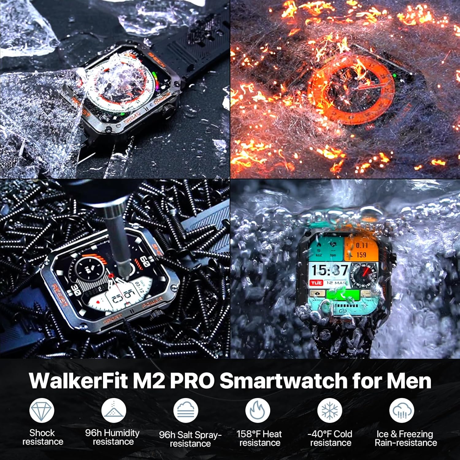 WalkerFit Smart Watch for Men Fitness Tracker, 1.91 Inch Military Mens Watches with 110+ Sport Modes,with Pedometer/Heart Rate/IP68 Waterproof, Compatible with iPhone Android(2 Watch Bands),Black - Image 4