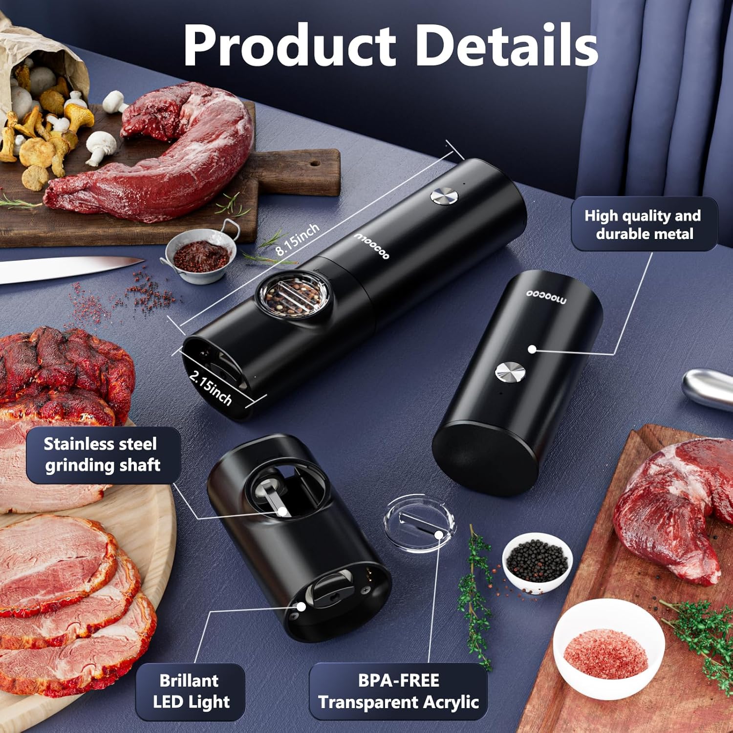 Electric Salt and Pepper Grinder Set Gifts for Women Grilling Men White Elephant Adults Kitchen Gadgets Automatic Salt Pepper Mill Shakers Rechargeable,Adjustable Fineness,One Hand Operated,LED Light - Image 8