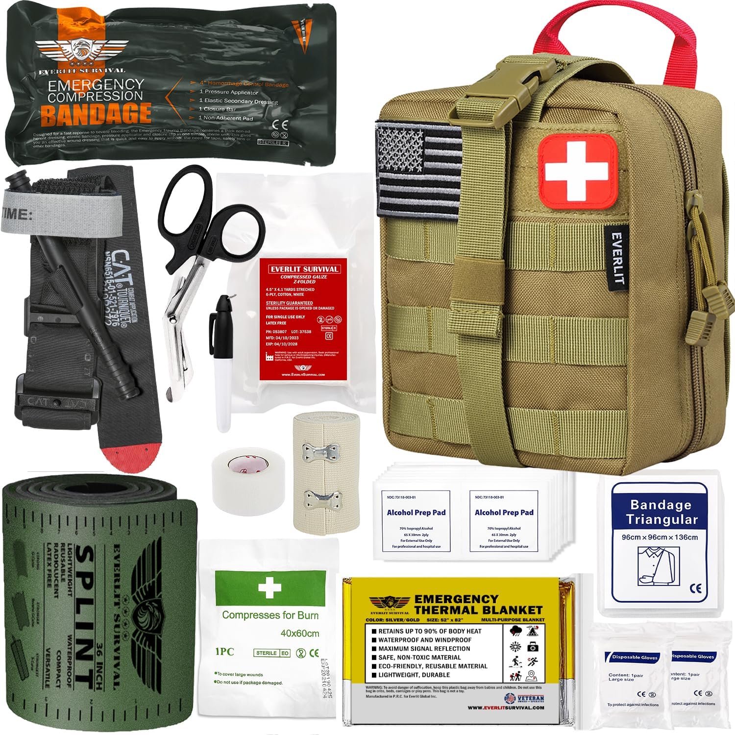 EVERLIT Emergency Trauma Kit, CAT GEN-7 Multi-Purpose SOS Everyday Carry IFAK for Wilderness, Trip, Cars, Hiking, Camping, Father’s Day Birthday Gift for Him Men Husband Dad Boyfriend (Tan) - Image 2