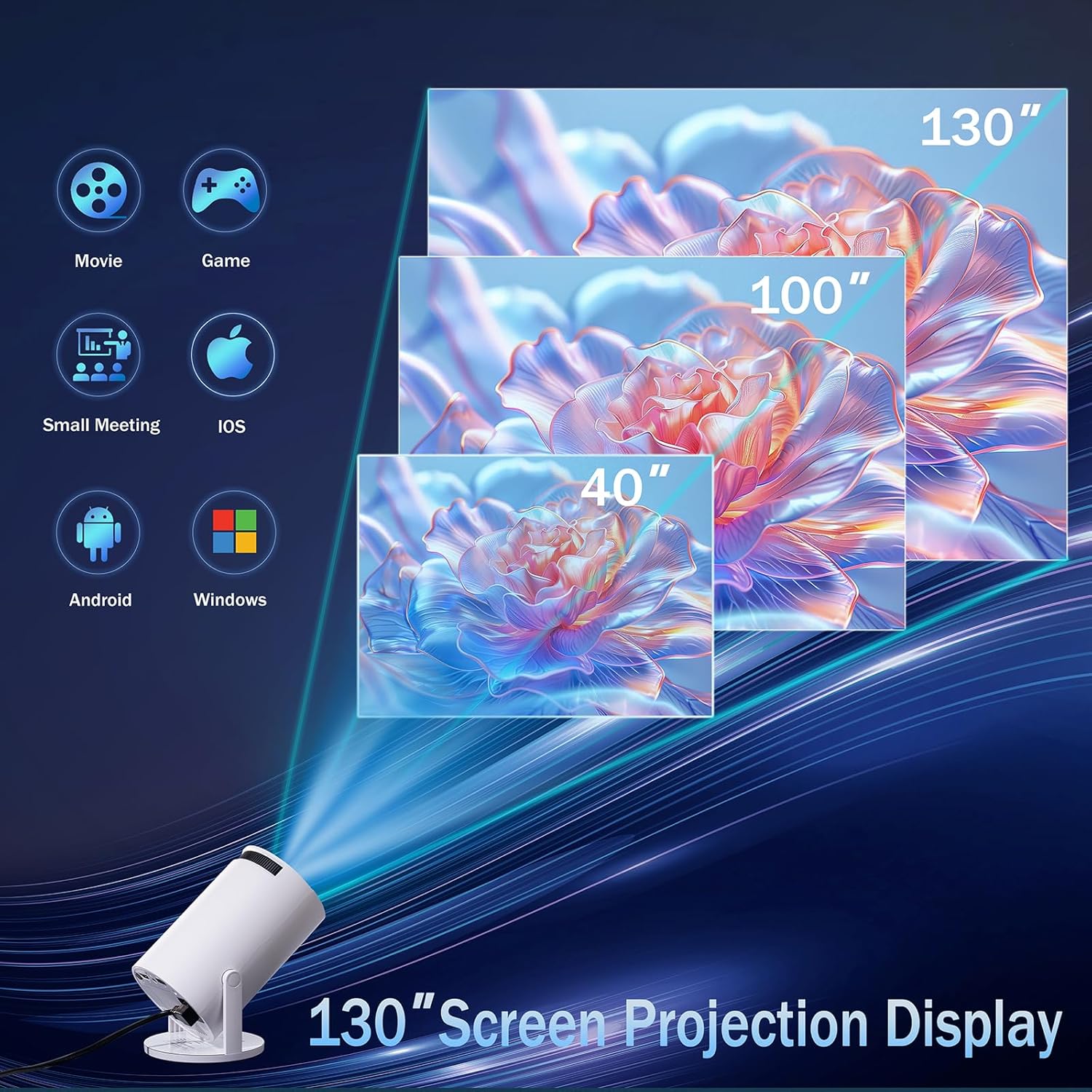 Mini Projector 1080P, 4K Projector Full HD with WIFI 6 and Bluetooth 5.2, Support 180° Rotatable Portable Projector with Auto Keystone Correction, Built-in App Compatible with Phone/HDMI/USB-White - Image 3