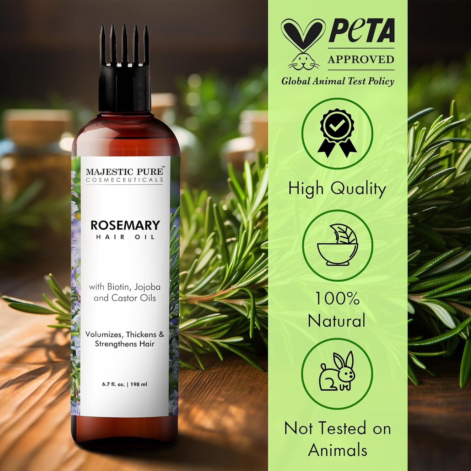 Majestic Pure 100% Pure Rosemary Oil with Biotin for Hair Care, Strengthening, Nourishing, and Volumizing Formula with Jojoba Oil and Castor Oil - Non GMO Verified, 198 ml - Image 6