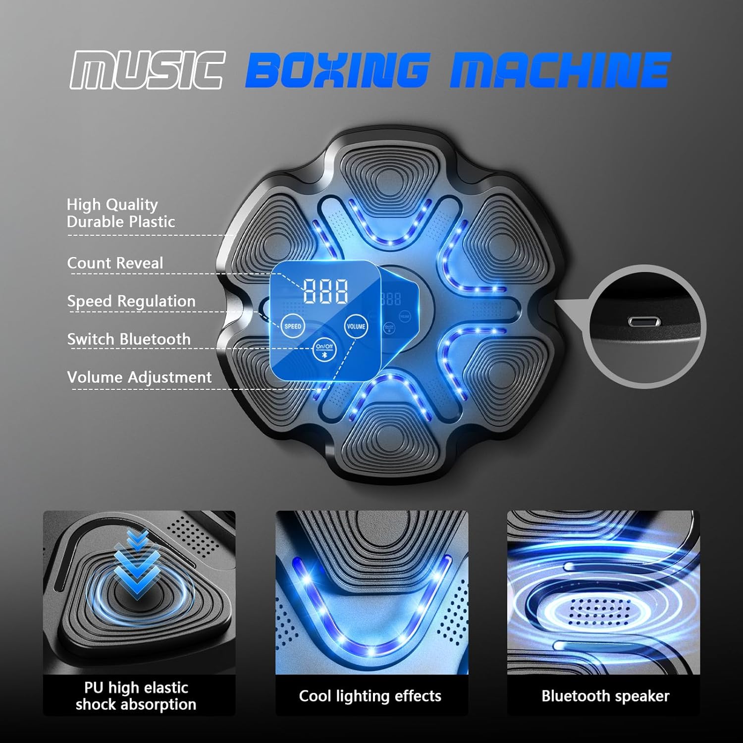 LED Music Boxing Machine, Smart Bluetooth Boxing Machine Wall Mounted with Boxing Gloves, 9 Modes & Speeds for Adults and Kids in Gym, Office, Home Indoor Music Boxing Target Trainer(Black) - Image 6