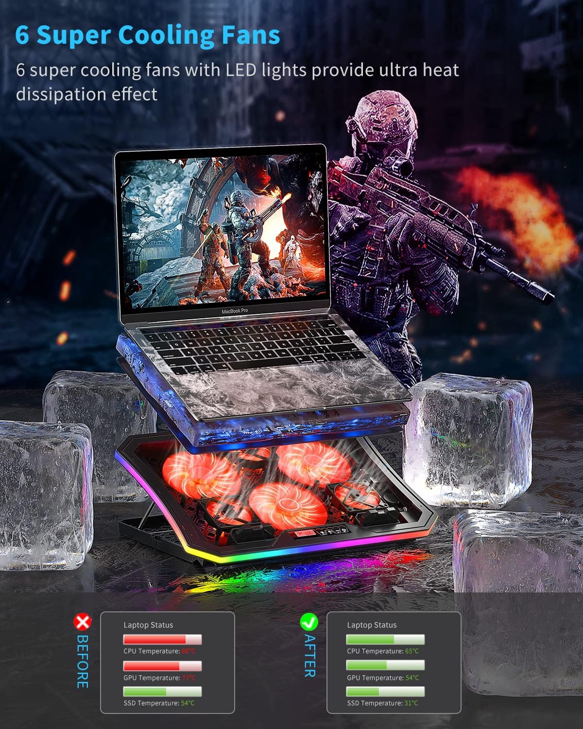 KeiBn 8 Fans Blue & 6 Fans Red Laptop Cooling Pad, Laptop Cooler for 15.6-17.3 Inch Laptops with 7 Height Stands, 2 USB Ports,10 RGB Modes - Image 4